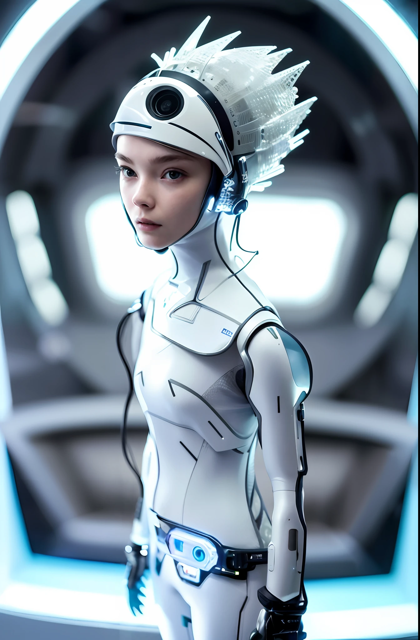 a close up of a woman in a futuristic suit with a helmet, elle fanning as an android, beutiful white girl cyborg, beutiful girl cyborg, cyborg - girl, portrait beautiful sci - fi girl, sci-fi android female, scifi woman, in white futuristic armor, cute cyborg girl, sci-fi female, futuristic clothing and helmet