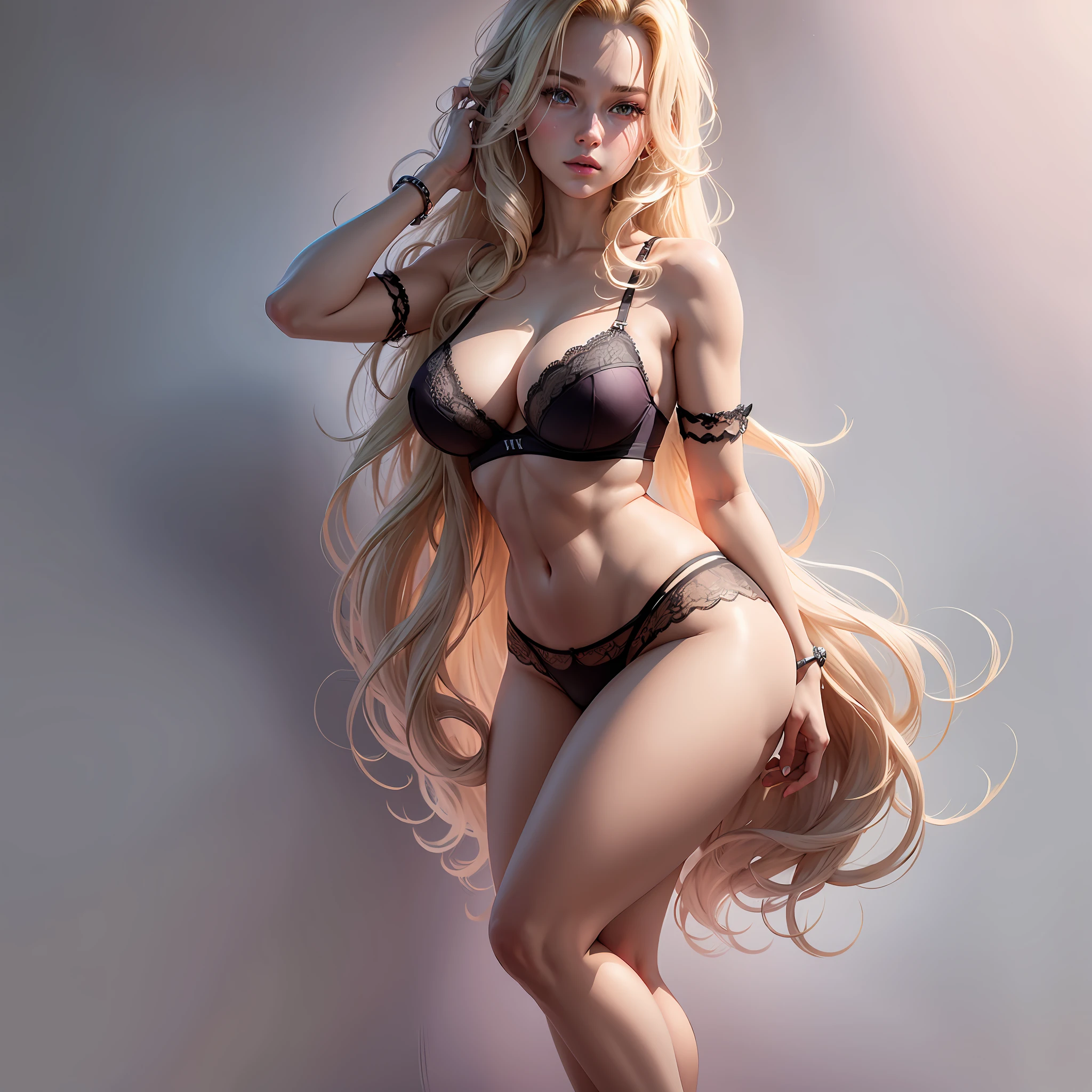 Blonde 13-year-old, full body, long hair bigger than body, hair tied in a ponytail with a pink Xuxa, hair spread everywhere, perfect and balanced shoulder waist with the giant bust, outlined and slim waist, giant and round hips, thick thighs, delicate and perfect feet, symmetrical and perfect face, visible ear, lace panties with intricate details, lace bra with intricate details, ultra detailed image, 4k, quality seal, artwork, masterpiece, real, realistic, realism, realistic stroke, realistic shading, realistic lighting, realistic colors --auto --s2