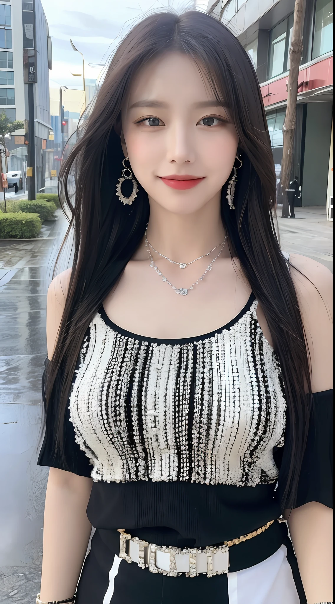 ((Best Quality, 8k, Masterpiece:1.3)), Focus:1.2, Beach, Perfect Body Beauty:1.4, Buttocks:1.2, ((Layered Haircut, ),(Rain, Street:1.3), Highly Detailed Face and Skin Texture, Fine Eyes, Double Eyelids, Whitened Skin, Long Hair, (Shut Up: 1.3), Smile, Clothes (Black and White Mix)) Necklaces, Bracelets, Earrings,