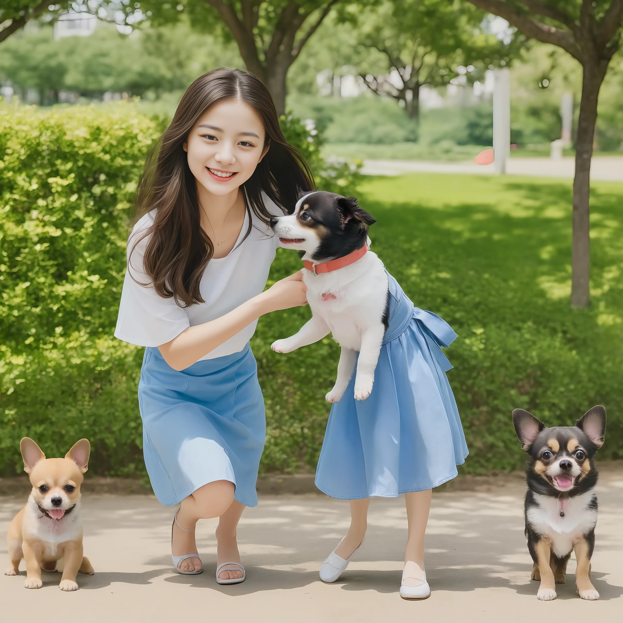 (masterpiece, high resolution, realistic, 8K: 1.2), highly detailed texture to see Chihuahua break (1 girl, full body: 1.5), Japan person, very beautiful girl, 16 years old, wide shot, break (short sleeve charleston dress: 1.2), black hair, medium hair, angelic smile, mouth open, girl is walking with a cute puppy Chihua on a leash, break ( Brown puppy long-coat Chihuahua: 1.2), very adorable face, beautiful appearance with well-defined body parts break , beautiful park with summer, natural light, vast lawn, sunshine, daytime, blue sky