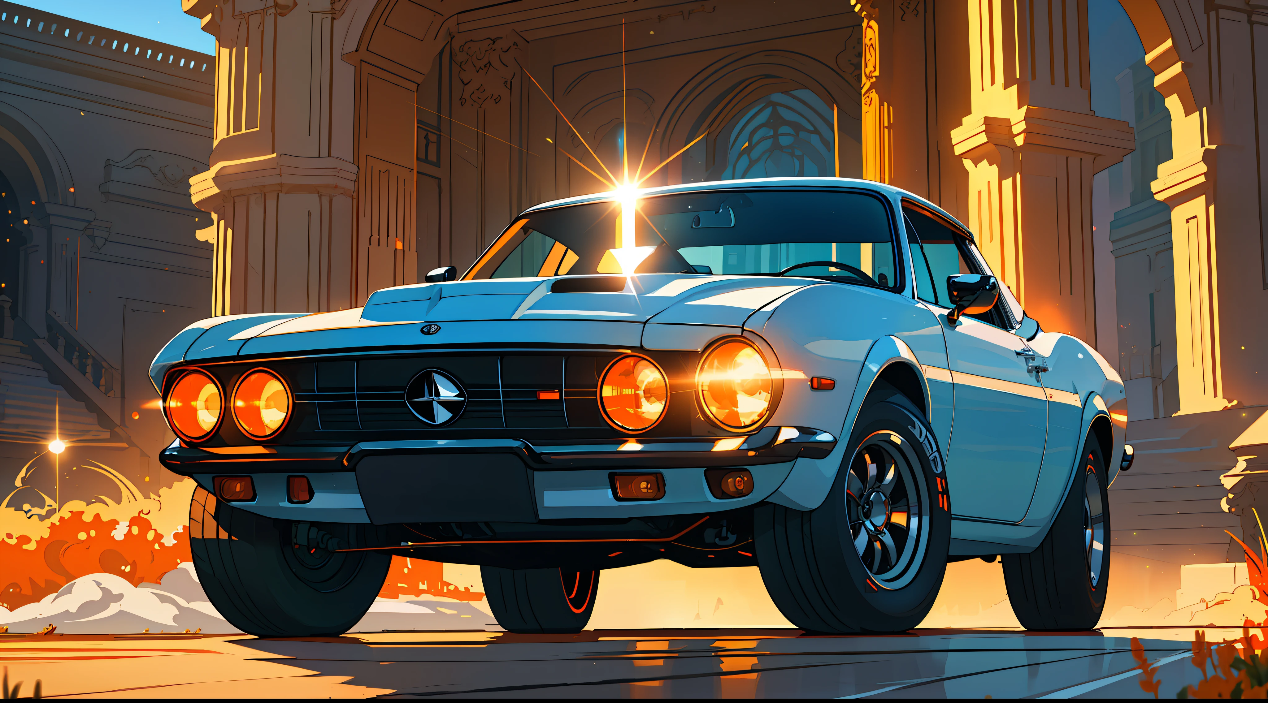 (masterpiece)+, (Best Quality)+, (Intricate Detail)+, design me the most beautiful car in the world, white paint with orange highlights, showroom concept, lens flare, camera artefact, professional photographer, 4k, HDR, longitudinal symmetry