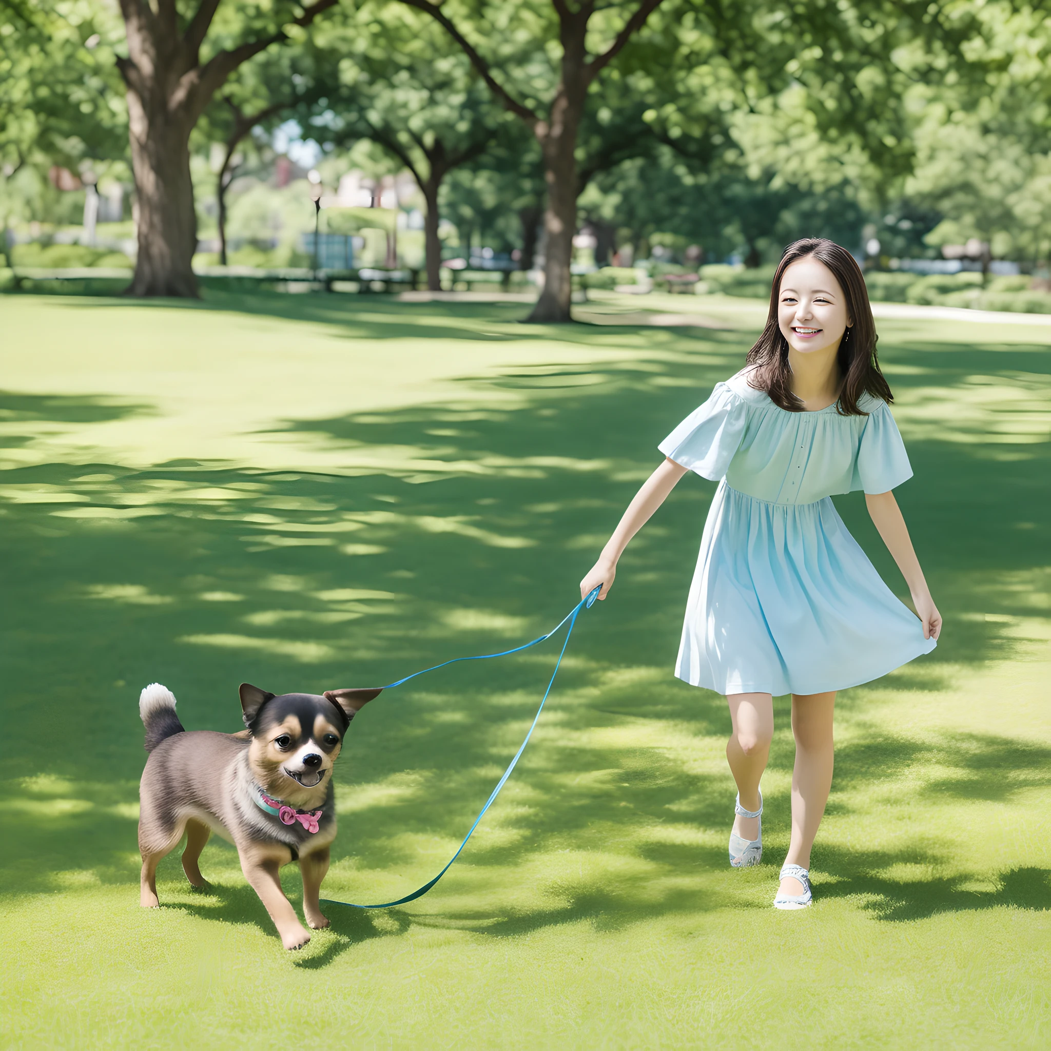 (masterpiece, high resolution, realistic, 8K: 1.2), highly detailed texture to see Chihuahua break (1 girl, full body: 1.5), Japan person, very beautiful girl, 16 years old, wide shot, break (short sleeve charleston dress: 1.2), black hair, medium hair, angelic smile, mouth open, girl is walking with a cute puppy Chihua on a leash, break ( Brown puppy long-coat Chihuahua: 1.2), very adorable face, beautiful appearance with well-defined body parts break , beautiful park with summer, natural light, vast lawn, sunshine, daytime, blue sky