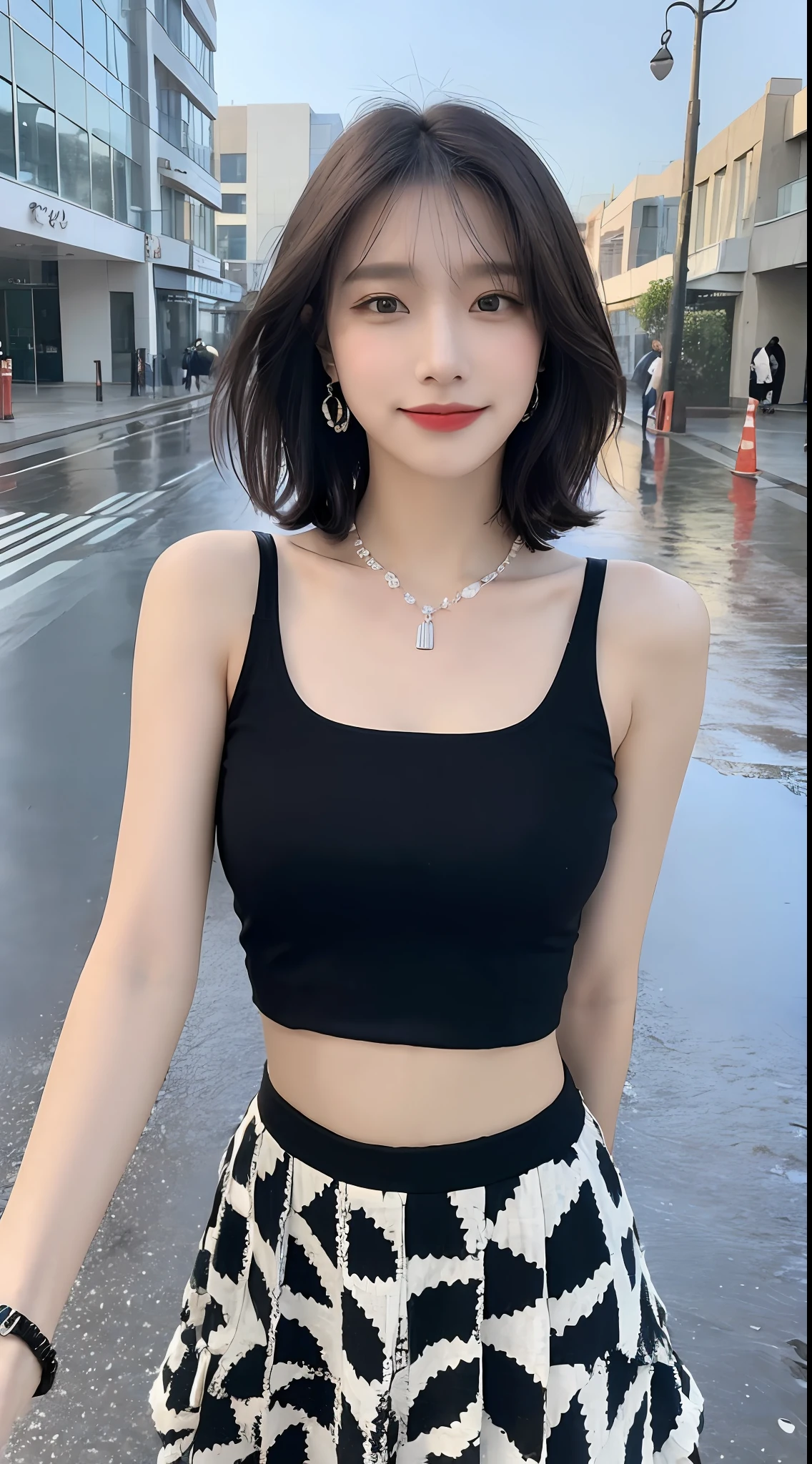 ((Best Quality, 8k, Masterpiece:1.3)), Focus:1.2, Beach, Perfect Body Beauty:1.4, Buttocks:1.2, ((Layered Haircut, ),(Rain, Street:1.3), Highly Detailed Face and Skin Texture, Fine Eyes, Double Eyelids, Whitened Skin, Long Hair, (Shut Up: 1.3), Smile, Clothes (Black and White Mix)) Necklaces, Bracelets, Earrings,
