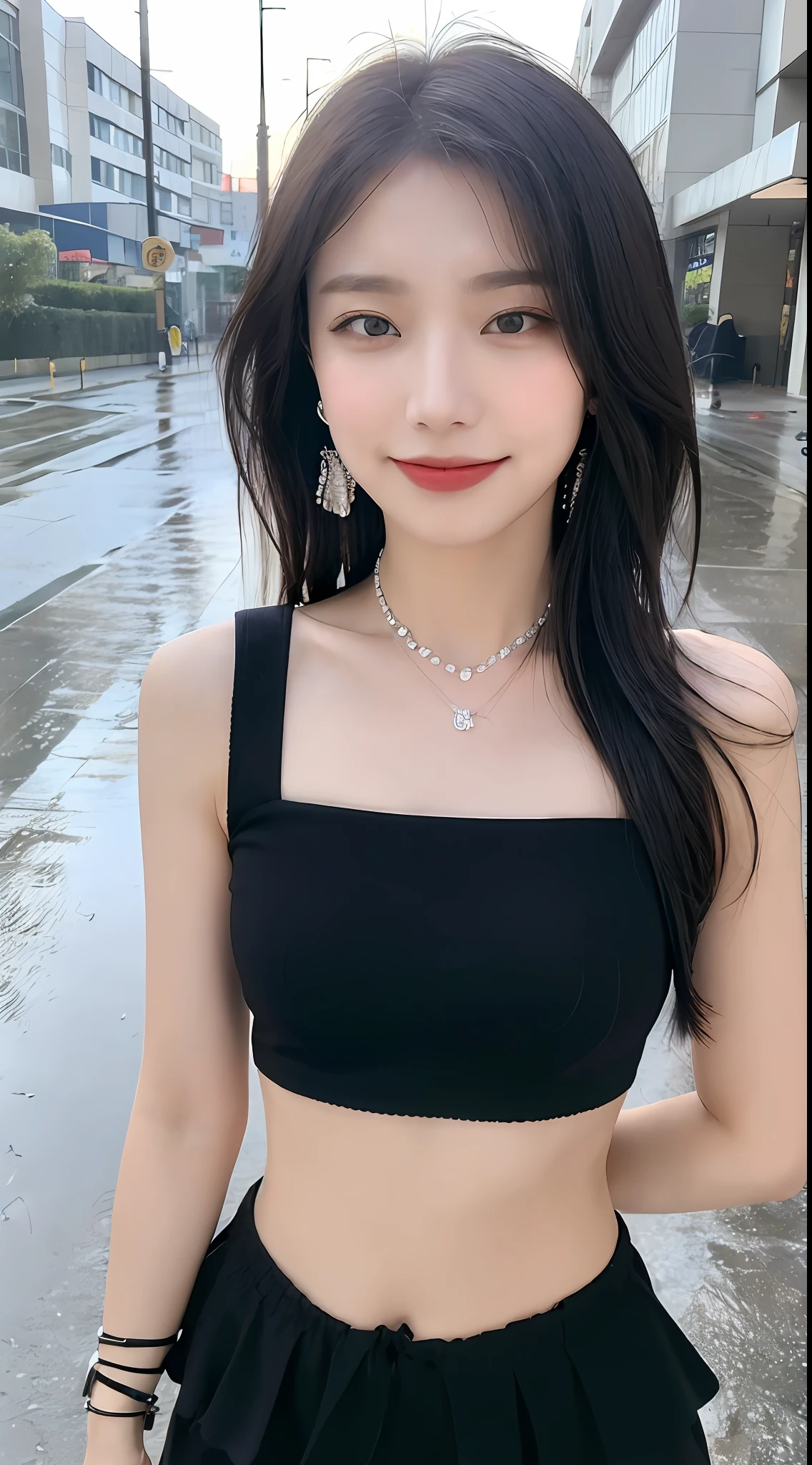 ((Best Quality, 8k, Masterpiece:1.3)), Focus:1.2, Beach, Perfect Body Beauty:1.4, Buttocks:1.2, ((Layered Haircut, ),(Rain, Street:1.3), Highly Detailed Face and Skin Texture, Fine Eyes, Double Eyelids, Whitened Skin, Long Hair, (Shut Up: 1.3), Smile, Clothes (Black and White Mix)) Necklaces, Bracelets, Earrings,