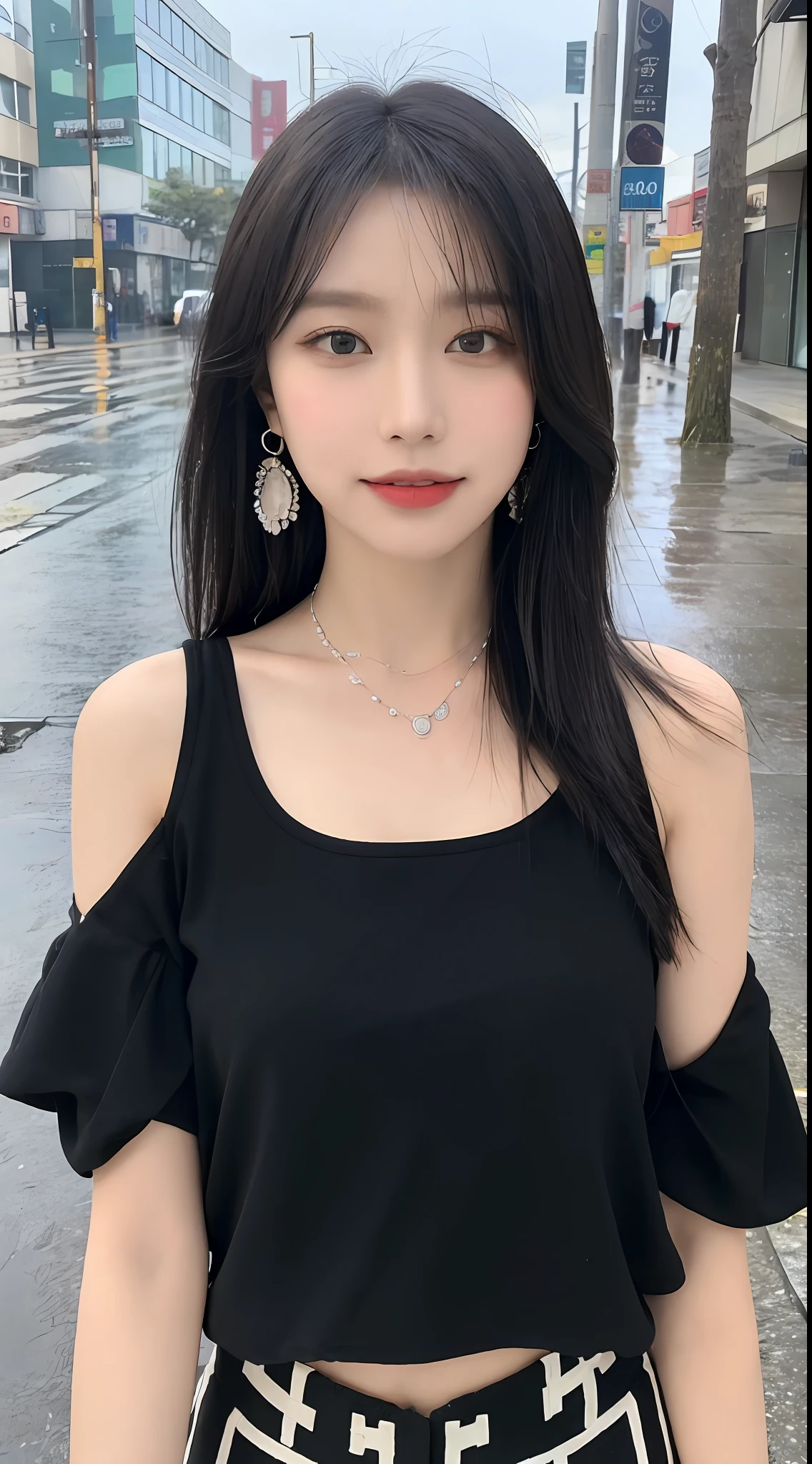 ((Best Quality, 8k, Masterpiece:1.3)), Focus:1.2, Beach, Perfect Body Beauty:1.4, Buttocks:1.2, ((Layered Haircut, ),(Rain, Street:1.3), Highly Detailed Face and Skin Texture, Fine Eyes, Double Eyelids, Whitened Skin, Long Hair, (Shut Up: 1.3), Smile, Clothes (Black and White Mix)) Necklaces, Bracelets, Earrings,