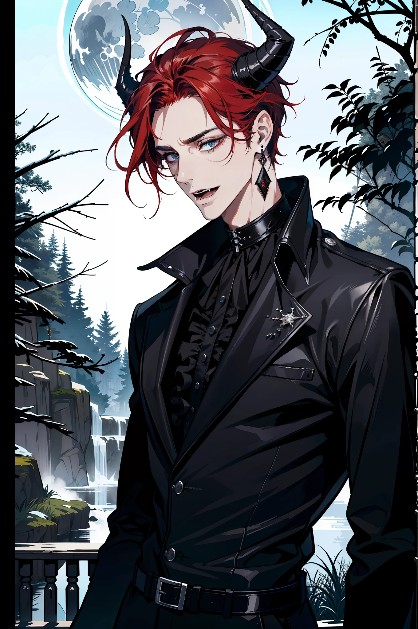 (absurdres, highres, ultra detailed), 1 male, adult, handsome, tall guy, broad shoulders, finely detailed eyes and detailed face, black leather clothes, night, smile, dutch angle, little long red hair, moon, forest, black horns in his head, silver details, earrings, black chocker, gothic, dark, heterochromia, ((((open mouth))))