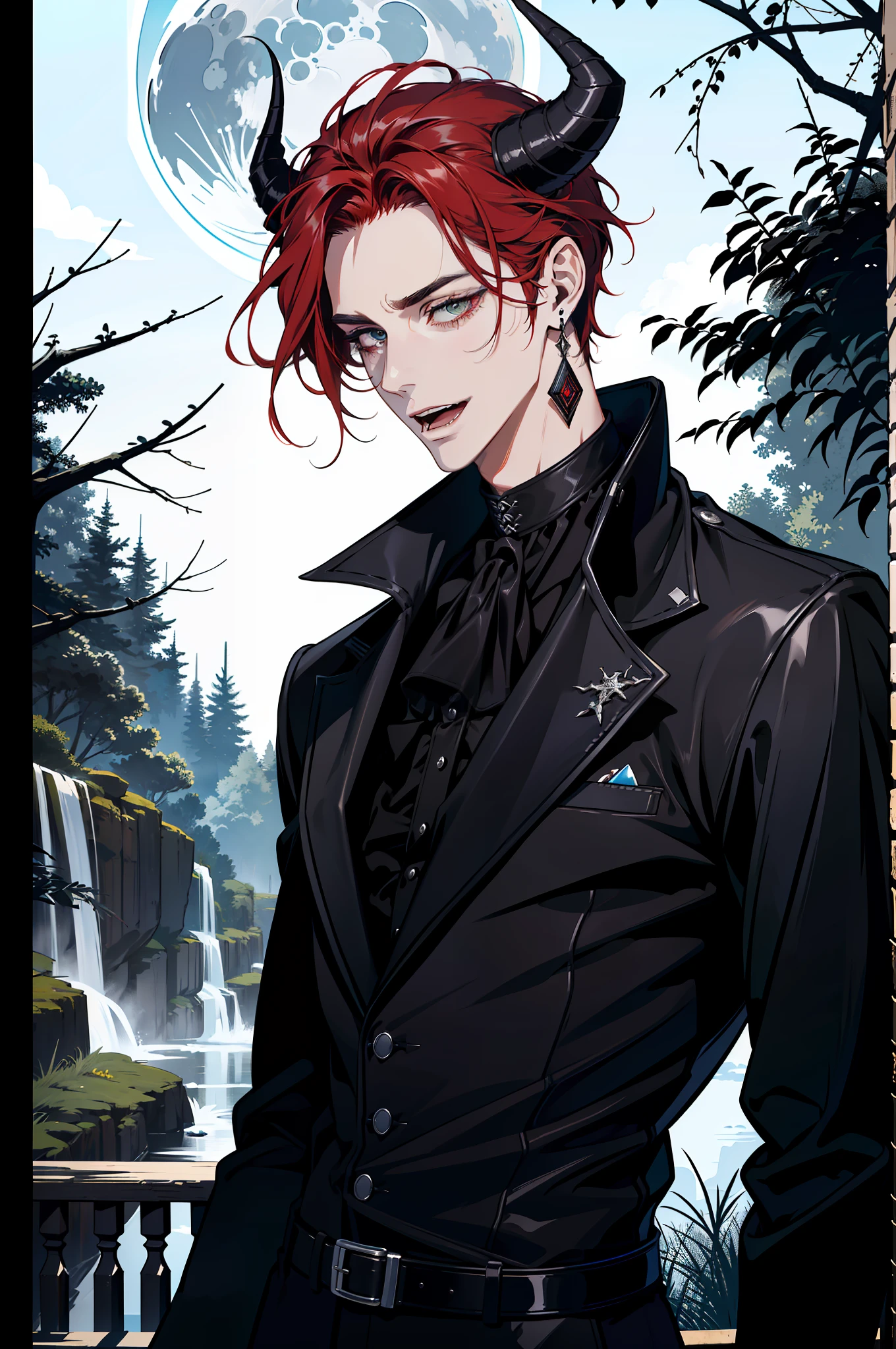 (absurdres, highres, ultra detailed), 1 male, adult, handsome, tall guy, broad shoulders, finely detailed eyes and detailed face, black leather clothes, night, smile, dutch angle, little long red hair, moon, forest, black horns in his head, silver details, earrings, black chocker, gothic, dark, heterochromia, ((((open mouth))))