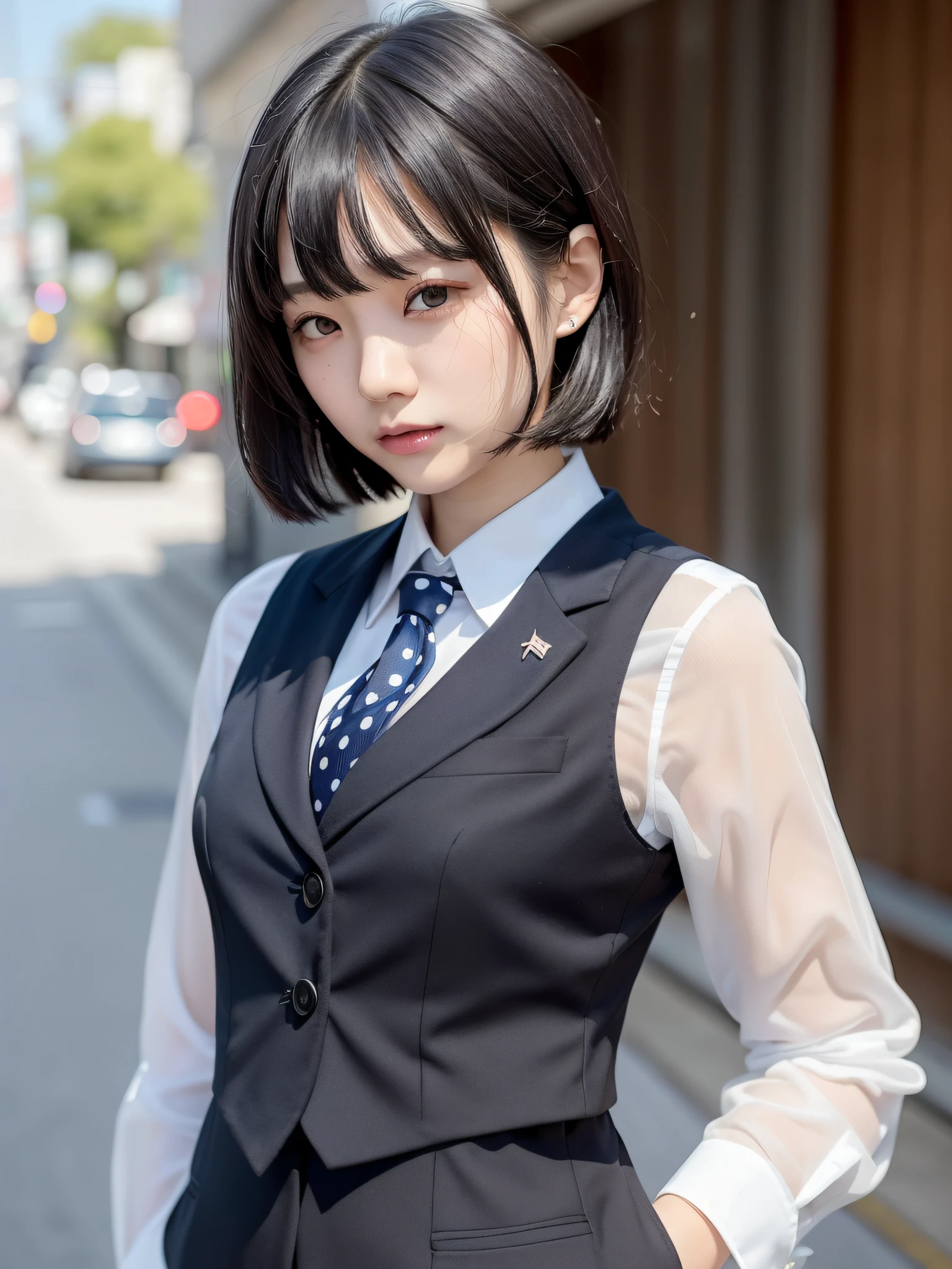 20-year-old Japan woman, straight black hair cut to the shoulders, neat, intelligent, (small breasts), women's suit, vest, (Wearing a small white polka dot tie on a navy blue background)))