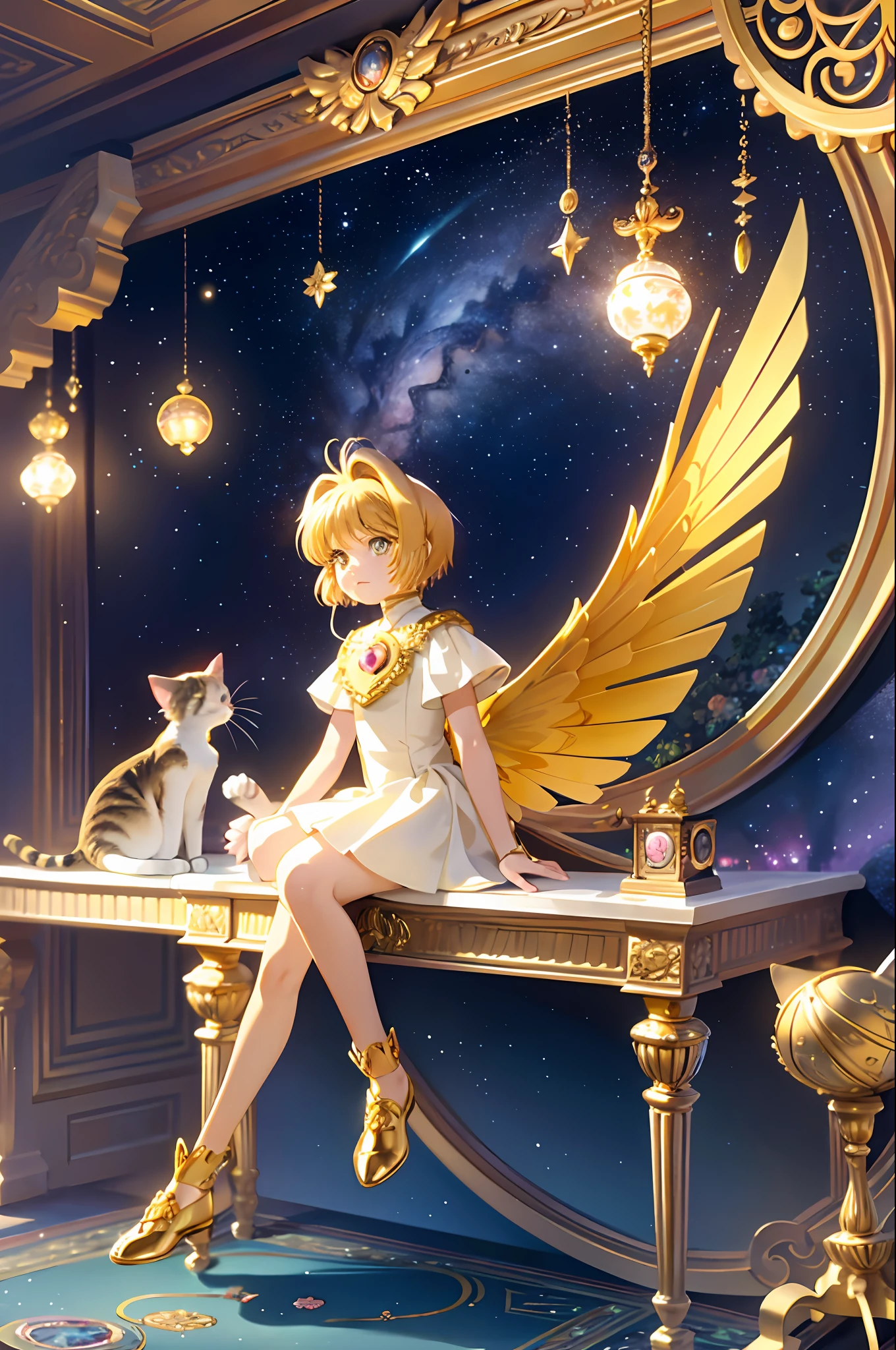 Realistic, (Masterpiece, Superior Quality, Best Quality, Official Art, Beautiful and Aesthetic: 1.2), Very Detailed, Fractal Art, Colorful, More Detailed, (Abstract Background: 1.5) (1girl: 1.3), (Cat Class), yellow hair, bright eyes, cheerful, hairstyle back, short hair, , Milky Way, huge magic gold Leo Astrolabe, dream, fantasy, golden trim, beautiful detailed sky, style and decoration for Leo,  goddess leo, female room, (Sakura card captor)