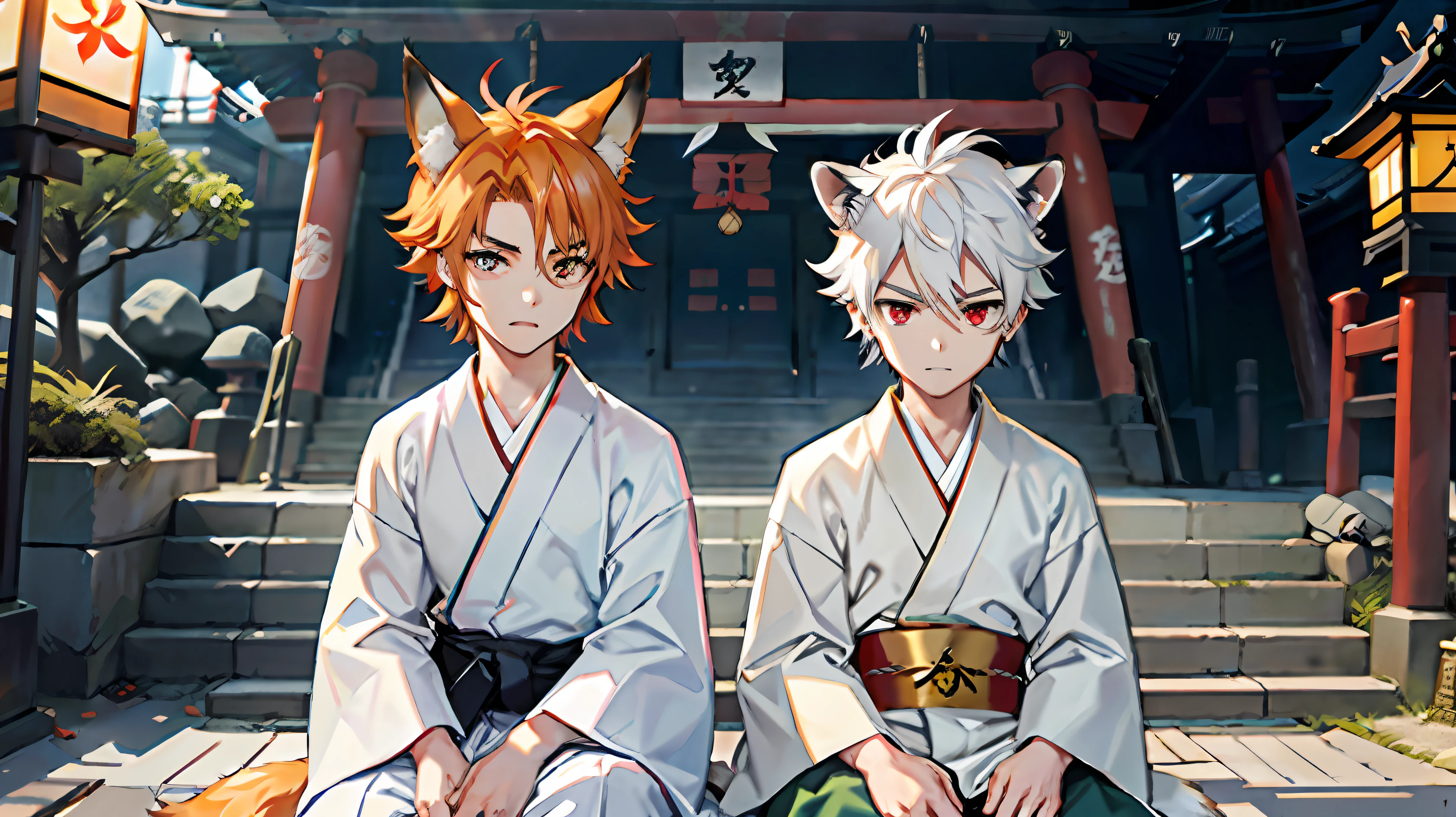 ((Representative work: 1.4, highest quality)), (2 boys: 1.4), (Blonde spiked hair and red eyes, fox ears and tail: 1.1), (Green short hair and big eyes, raccoon ears and tail: 1.2), (Japan Shinto priest, white and light blue hakama: 1.3), sit down and drink tea, the background is a temple in Kyoto.