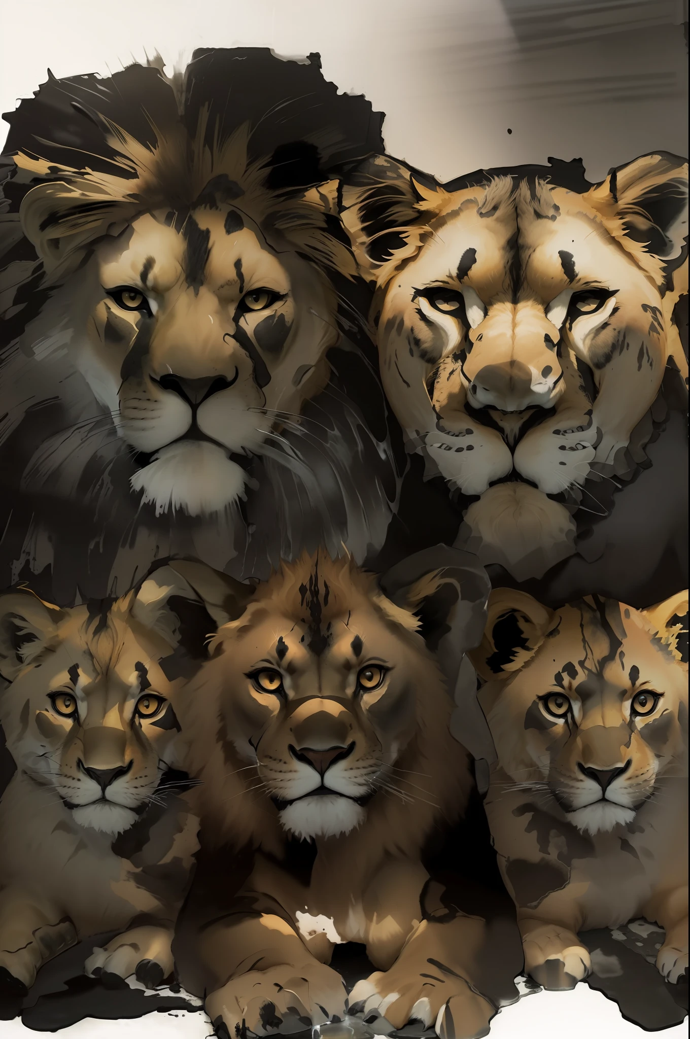 Family of lions, lion, lioness, lion cubs, water color, watercolor, paint splash, colored splashes of paint, ((((black background))) (((black background))), ((black stone floor))