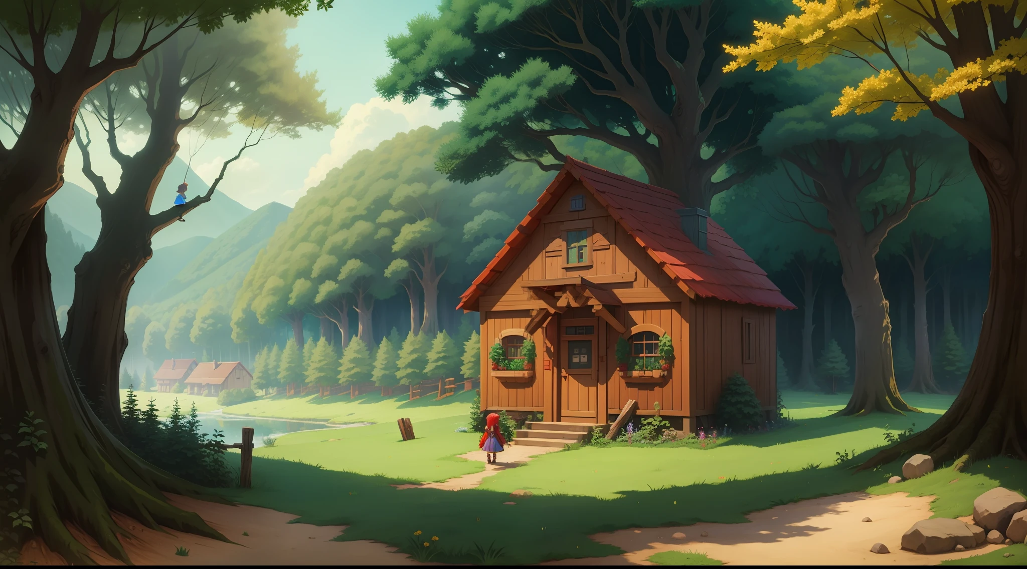 stardew valley style wallpaper, lovely forest, little girl on her back with red hair with a sword in her hand, a mine on the side, adventure style,