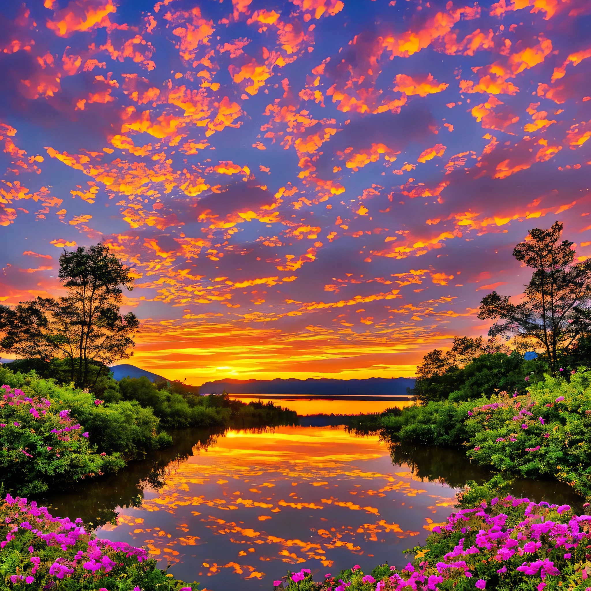 An image of a beautiful sunset over a tranquil landscape, representing the glory and presence of God mentioned in Psalm 62:7. --auto --s2