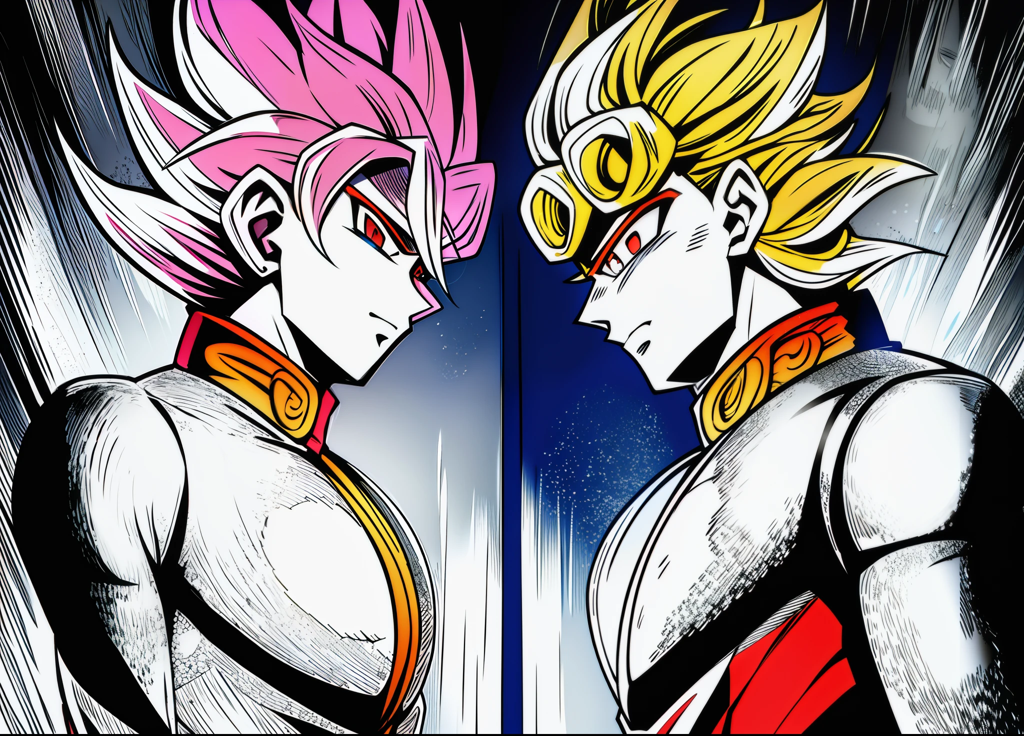 Goku on the left, giorno giovanna on the right, face to face in silhouette