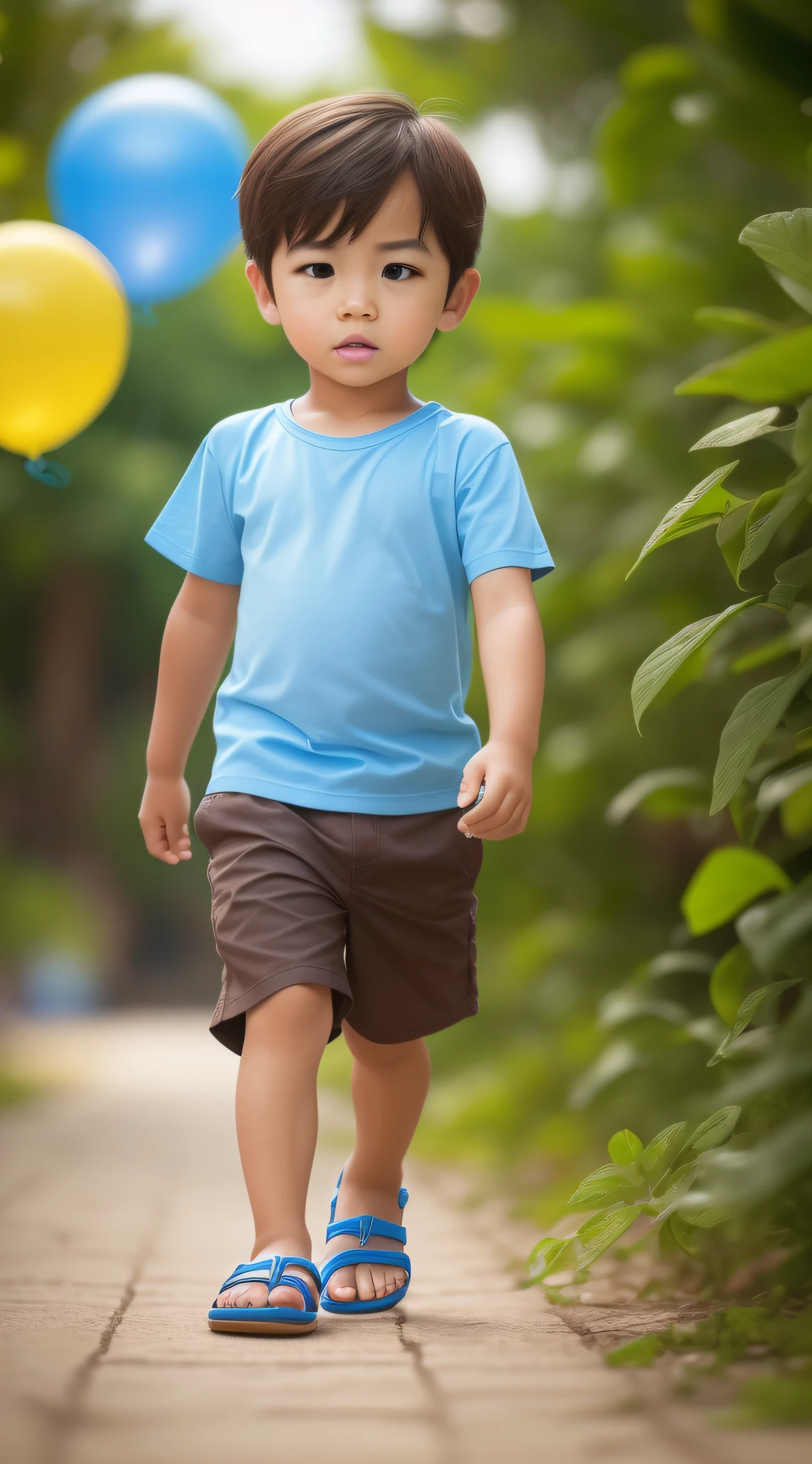 1boy, full body, solo, child, brown hair, blue shirt, yellow shorts, blue hawaii sandal, speed walking, hold a line and look for the floating Birthday Balloon, worm view, low angle shot, perfect quality, high contrast, clear focus, (in the picture ratio 1:2), (Masterpiece: 1.2) (Realistic: 1.2) (Bokeh) (Best quality) (Detailed skin: 1.3) (Intricate details) (8K) (Detail eyes) (Sharp focus), (Happy), ((masterpiece, best quality)), (complex light)