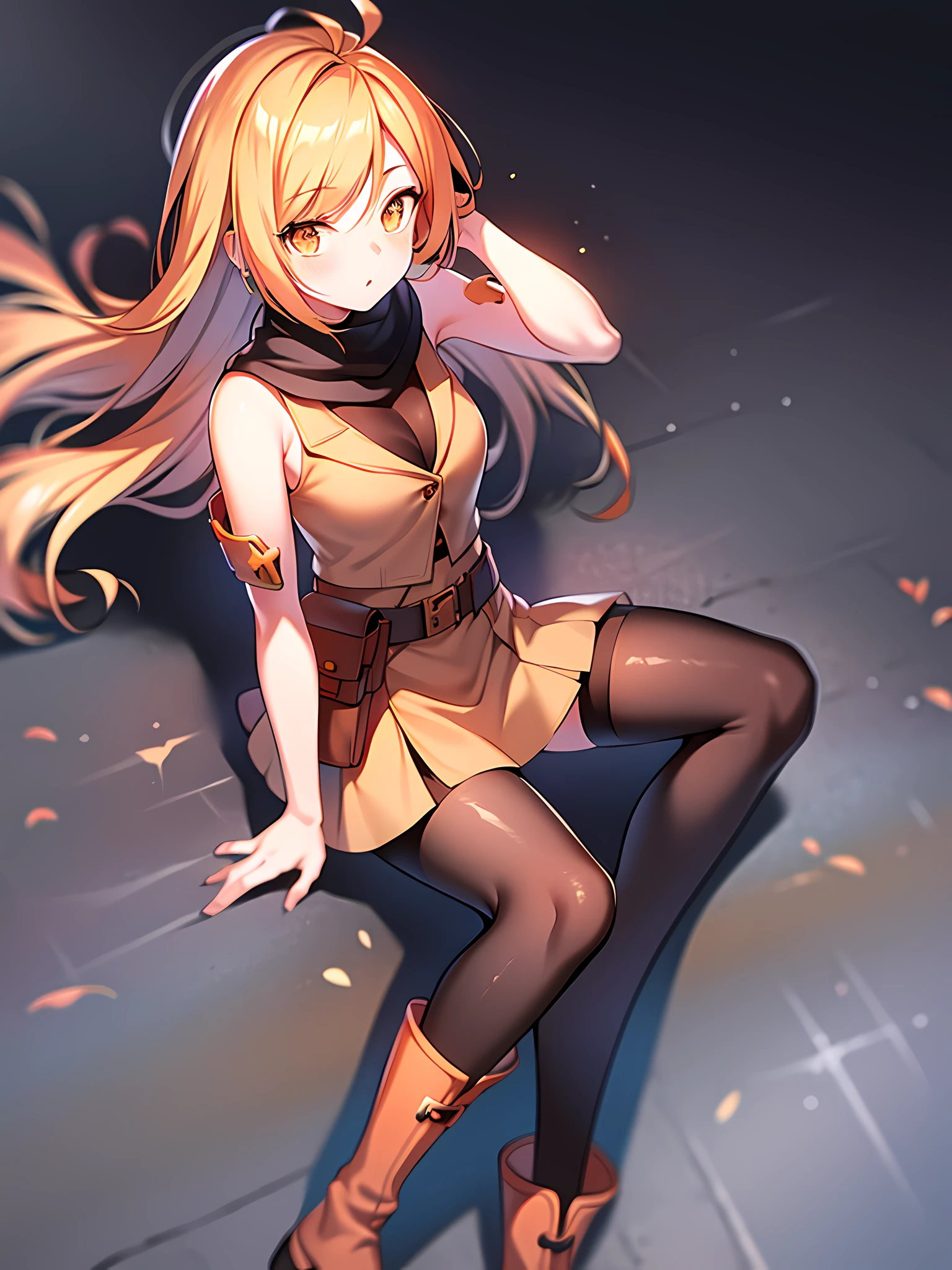 orange eyes light,richly faded light orange hair, anime 1girl, no skirt, brown military boots, pouch on the waist belt, khaki bikini, "black tights", "dark_orange knee pad on right leg",( night city:1.4), black long cloak, (good hand:1.5 ) good legs, (Good face: 1.5), 1girl, best hand, no worst hand. without clothes