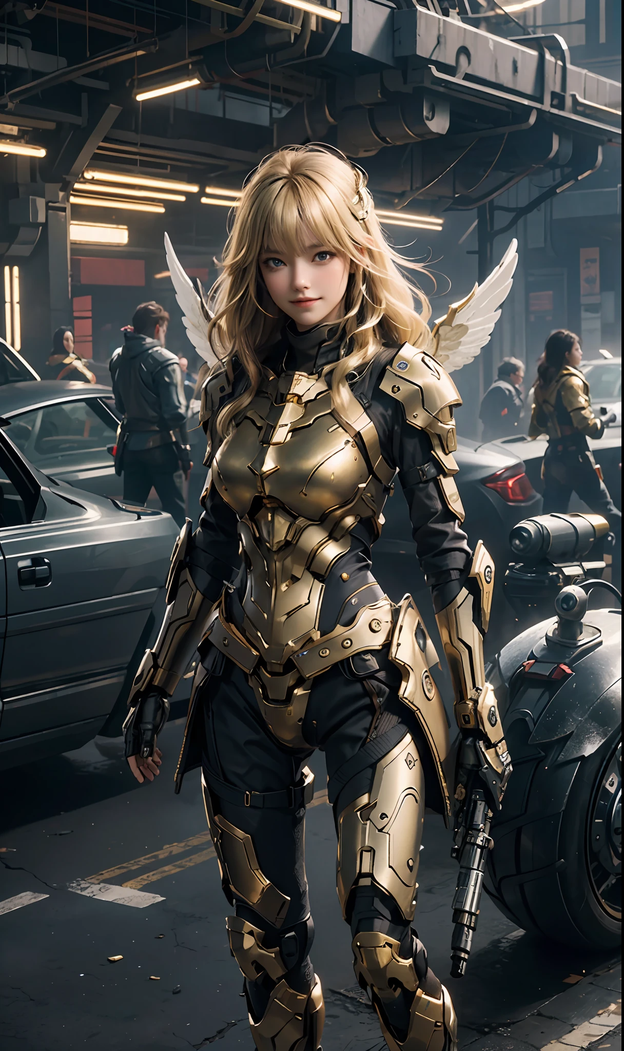 masterpiece, (best quality), highly detailed, ultra-detailed, 1girl, (mechanical: golden, bright eyes: blue, goldenrarmor: 1.2, elongated ears: 0.8), (cyberpunkcity: 1.5, weapon: energyblade), (fantasylandscape: 1.2, natural lighting: 1.5, confident expression), (panorama: 1.2), fringe, smile, angle, angels, wings, gold, blonde, smooth