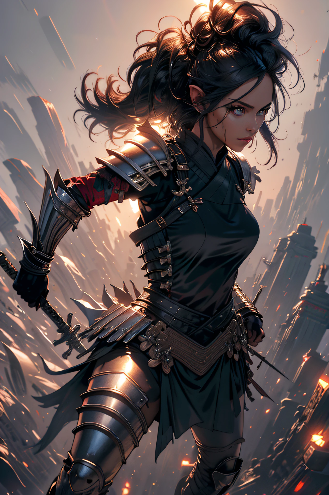 Best quality,masterpiece,ultra high res,(photorealistic:1.5)1woman,weapon,sword,long hair,black hair,ponytail,pointy ears,dark skin,large breasts,white background,solo,blood,arm guards,night jungle,blood on weapon,looking at viewer,blue eyes,tabi,floating hairfull body,upper body,jumper,hands on hips, perfect lighting, perfect shading, dynamic pose, cinematic, (hanfu:1.2),(japanese armor),(flat color:1.25), (mature adult:1.4), stylistic splash background