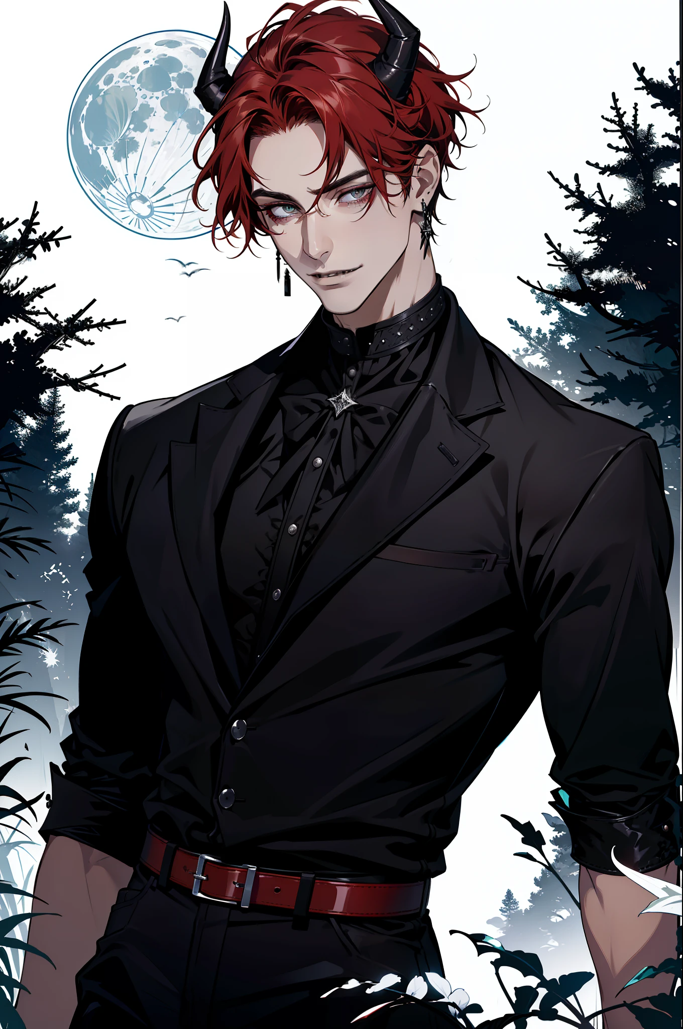 (absurdres, highres, ultra detailed), 1 male, adult, handsome, tall guy, broad shoulders, finely detailed eyes and detailed face, black leather clothes, night, smile, dutch angle, short red hair, moon, forest, black horns in his head, silver details, earrings, black chocker, gothic, dark, vampire, black pants, horns