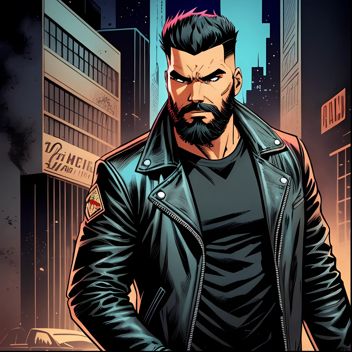 A young man with a beard, gradient hair, with a black leather jacket, facing zombies, Butcher Billy Style, Butcher Billy Comics, Valiant Comics, --auto --s2