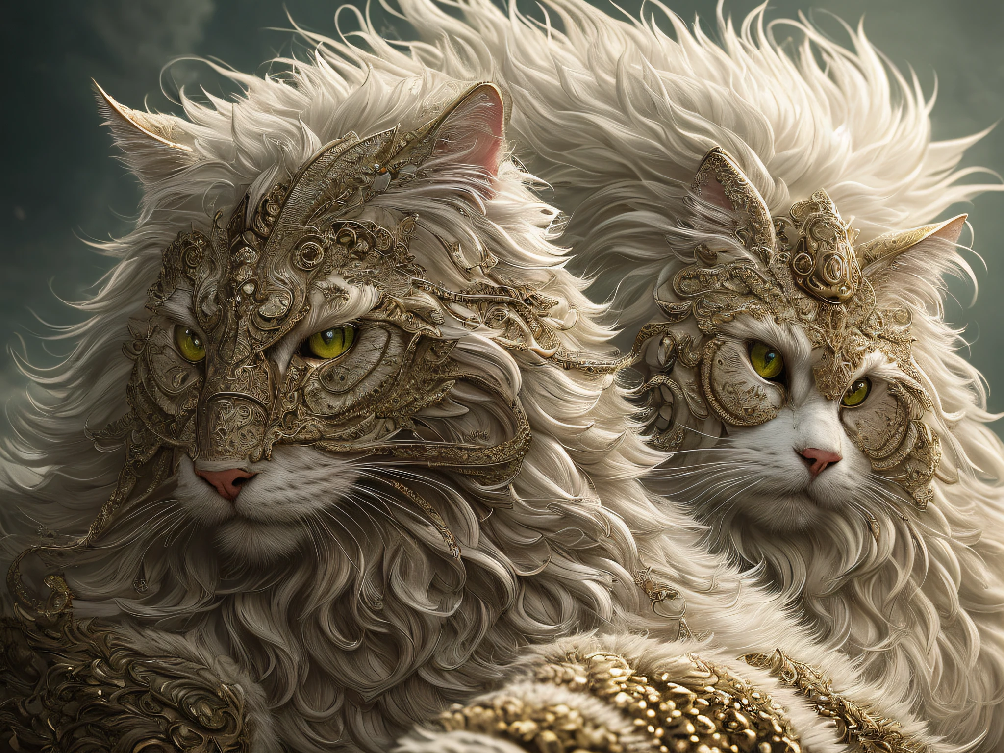 Large, fat, fluffy, white, long-haired Scottish cat, beside golden dragon with scaly skin sit in each other's arms and look at each other like lovers, concept art, complex, elegant, highly detailed digital painting, smooth, sharp focus, illustration, stunningly intricate detail, luminous filigree fantasy, digital art masterpiece, centred composition perfect composition, intricate pose, intricate, beautifully detailed insanely detailed octane rendering, 8k, art photography, photorealistic concept art, soft natural volumetric cinematic perfect light, award winning photography, masterpiece, oil on canvas, intricate, elegant, highly detailed digital artwork