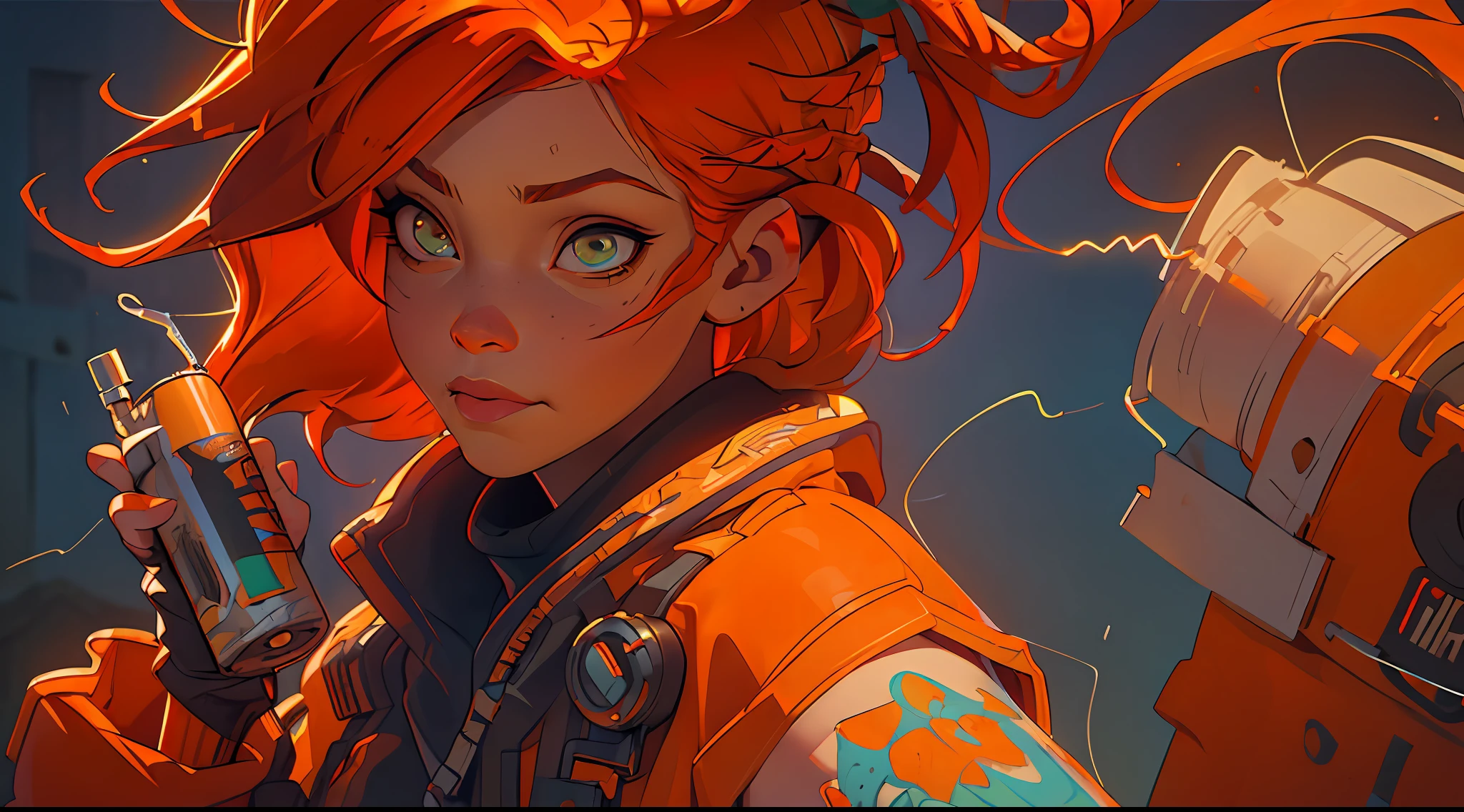 (Masterpiece: 1.2), best quality, (illustration: 1.2), (ultra-detailed), eye focus, (cinematic background), hyper details, (delicate detailed), (intricate details), octane render, hdr, (hyperdetailed: 1.15), (color)))), (soft light: 1.2), 1girl, (lynx ears: 1.3), (lynx girl), beautiful girl, ultra detailed eyes, mature, fat, thick, (bob cut: 1.5), (bright eyes: 1.2), (cinematic masterpiece), fierce, powerful, absolutely attractive splashes of color, (cinematic lighthouse), (realistic jump lighting: 1.2), ((caustic)), dynamic angle, beautiful detailed brightness, ambient occlusion, ambient light, raytraced reflections, (better lighting, an extremely delicate and beautiful light), ((cinematic light)), (soft: 2), (capricious:2) , intricate background, vibrant, dreamlike landscape, (graffiti painting:1.3), (painted urban landscape), (urban),(realistic urban fashion), (expressive:1.2), good shape, athletic, (mirrored world), (long black hair, fluid:1.1), wavy hair, voluminous (orange hair highlights), bright headphones, (graphite wall), unfinished graffiti, ghetto, (back wall present),(holding spraycan:1.3), (colored mist), buckles, belts, straps, a girl in front of a graffiti wall, cyberpunk art, (by LAM), Mika Pikazo, graffiti, black gloves, with buckle and duct tape, (orange hair:2), Glued orange pants, Anine pose, wet skin