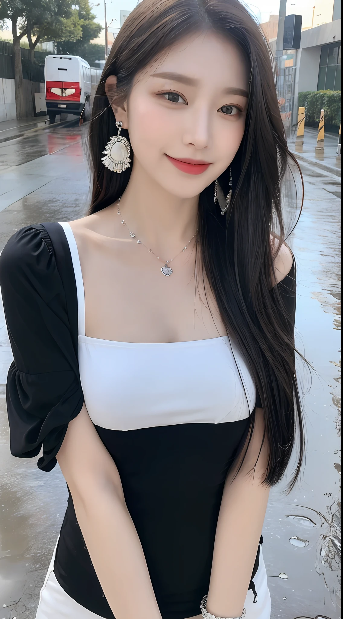 ((Best Quality, 8k, Masterpiece:1.3)), Focus:1.2, Beach, Perfect Body Beauty:1.4, Buttocks:1.2, ((Layered Haircut, ),(Rain, Street:1.3), Highly Detailed Face and Skin Texture, Fine Eyes, Double Eyelids, Whitened Skin, Long Hair, (Shut Up: 1.3), Smile, Clothes (Black and White Mix)) Necklaces, Bracelets, Earrings,