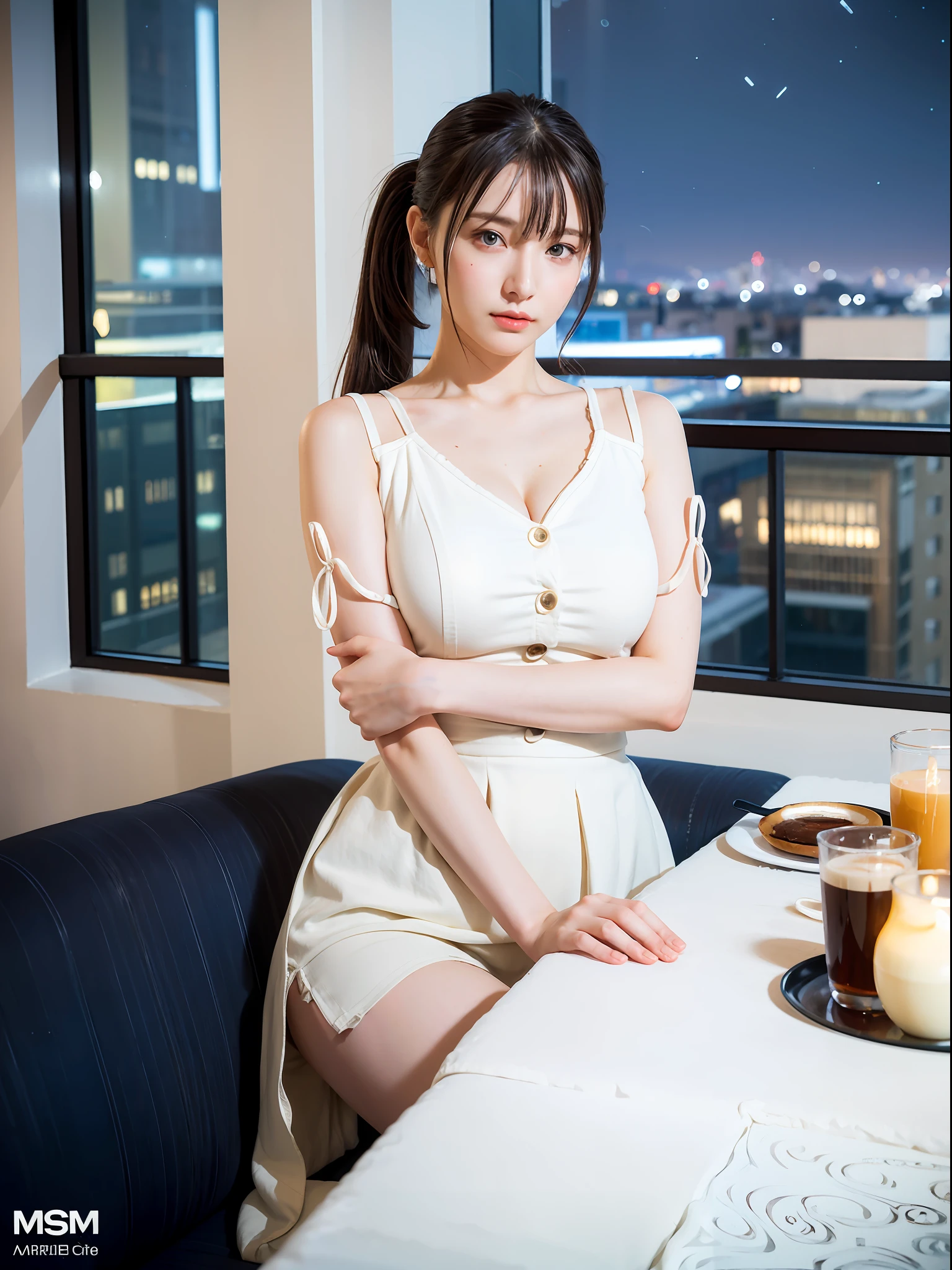 1girl, solo focus, pure white hair, side ponytail, blue eyes, jewel-like eyes, smug, large breasts, wide hips, crossed arms, crossed legs, sitting on sofa, white coat, purple shirt, accessories, pompous, coffee shop building, cafe decorations, indoors, beautiful window view, night lights, skyline, ((nighttime:1.5)), ((masterpiece:1.4)), ((best quality:1.4)), extremely detailed and delicate anime face and eyes, extremely delicate and detailed anime body, intricate details, minute details, detailed background, correct posing, ((extremely high res)), ((absurd res)), ((8k hd)), ((wallpaper quality)), ((raytracing)), (real picture, intricate details), detailed body, extremely detailed CG blender 4k wallpaper,