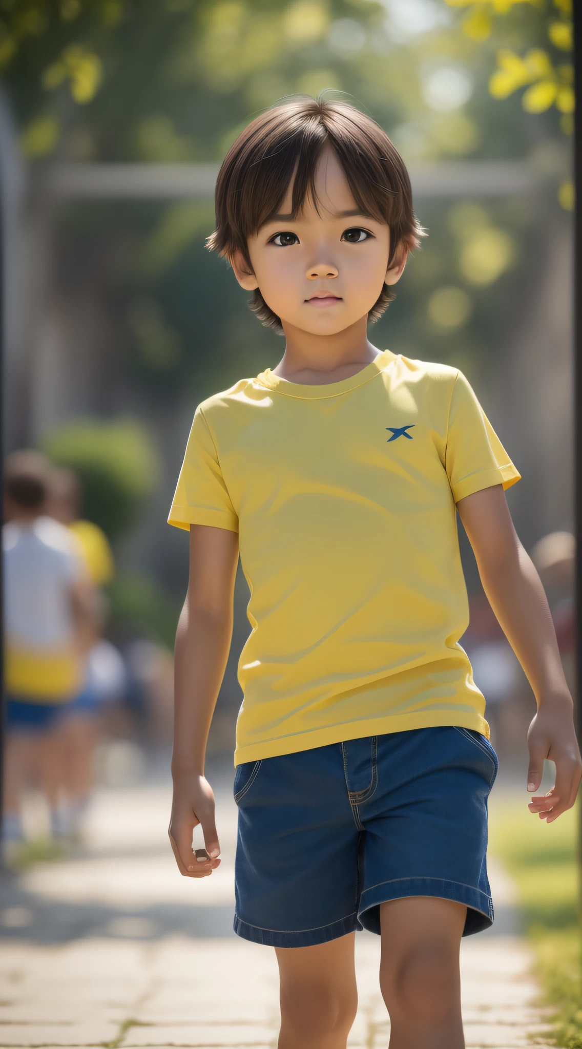 ((masterpiece, best quality)), (complex light), 1boy, full body, solo, , brown hair, blue shirt, yellow shorts, walking, (in the picture ratio 1:2), play with a birthday ball, low angle shot, joy, perfect quality, clear focus, (Masterpiece: 1.2) (Realistic: 1.2) (Bokeh) (Best quality) (Detailed skin: 1.3) (Intricate details) (8K) (Detail eyes) (Sharp focus), (Happy)