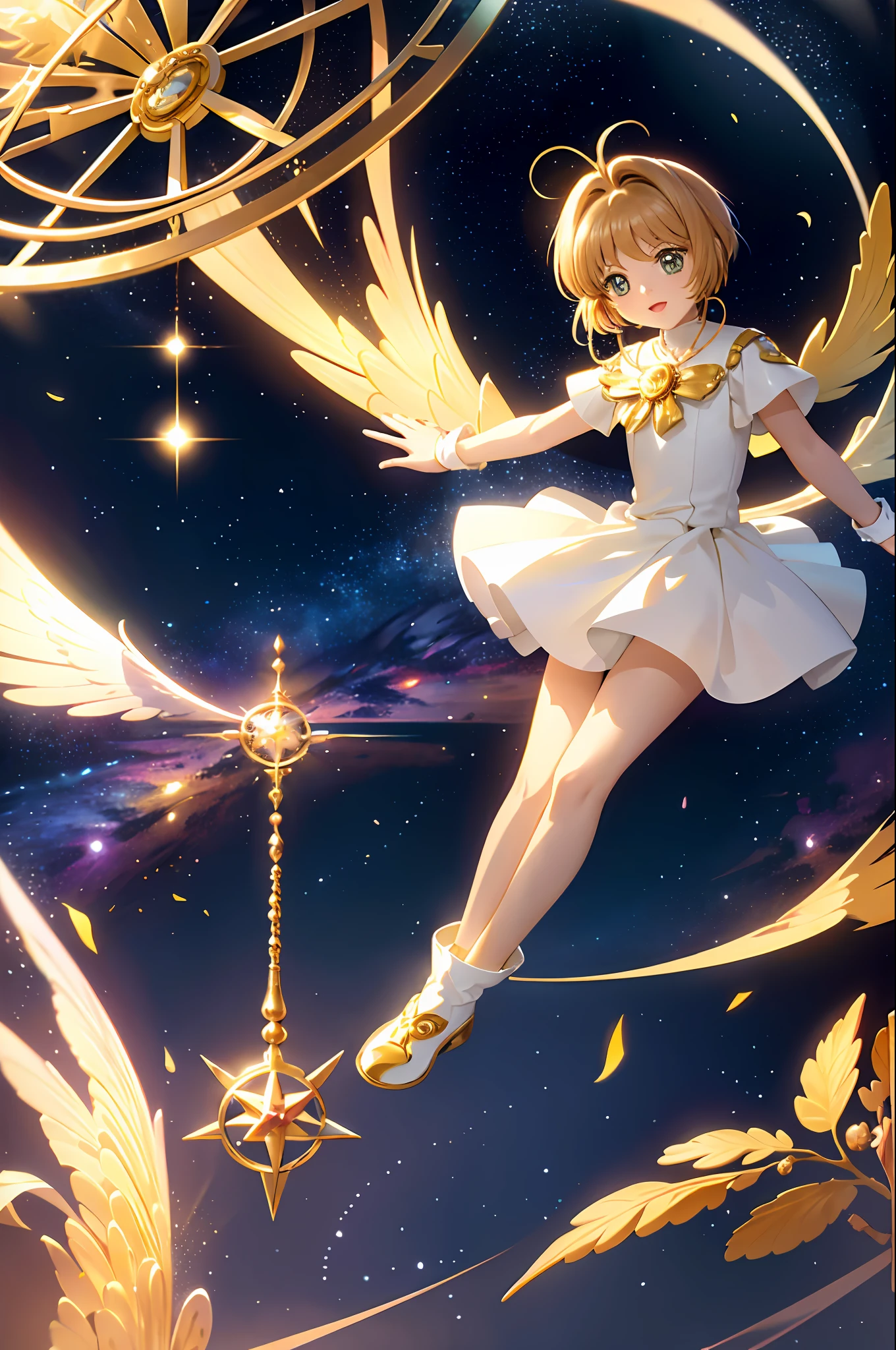 Realistic, (Masterpiece, Superior Quality, Best Quality, Official Art, Beautiful and Aesthetic: 1.2),(flying:1.4) Very Detailed, Fractal Art, Colorful, More Detailed, (Abstract Background: 1.5) (1girl: 1.3), light brown hair, bright eyes, cheerful, hairstyled back, short hair, , Milky Way, huge magic gold Sagittarius astrolabe, dream, fantasy, golden trim, beautiful detailed sky, style and decoration, female room, (Sakura card captor)