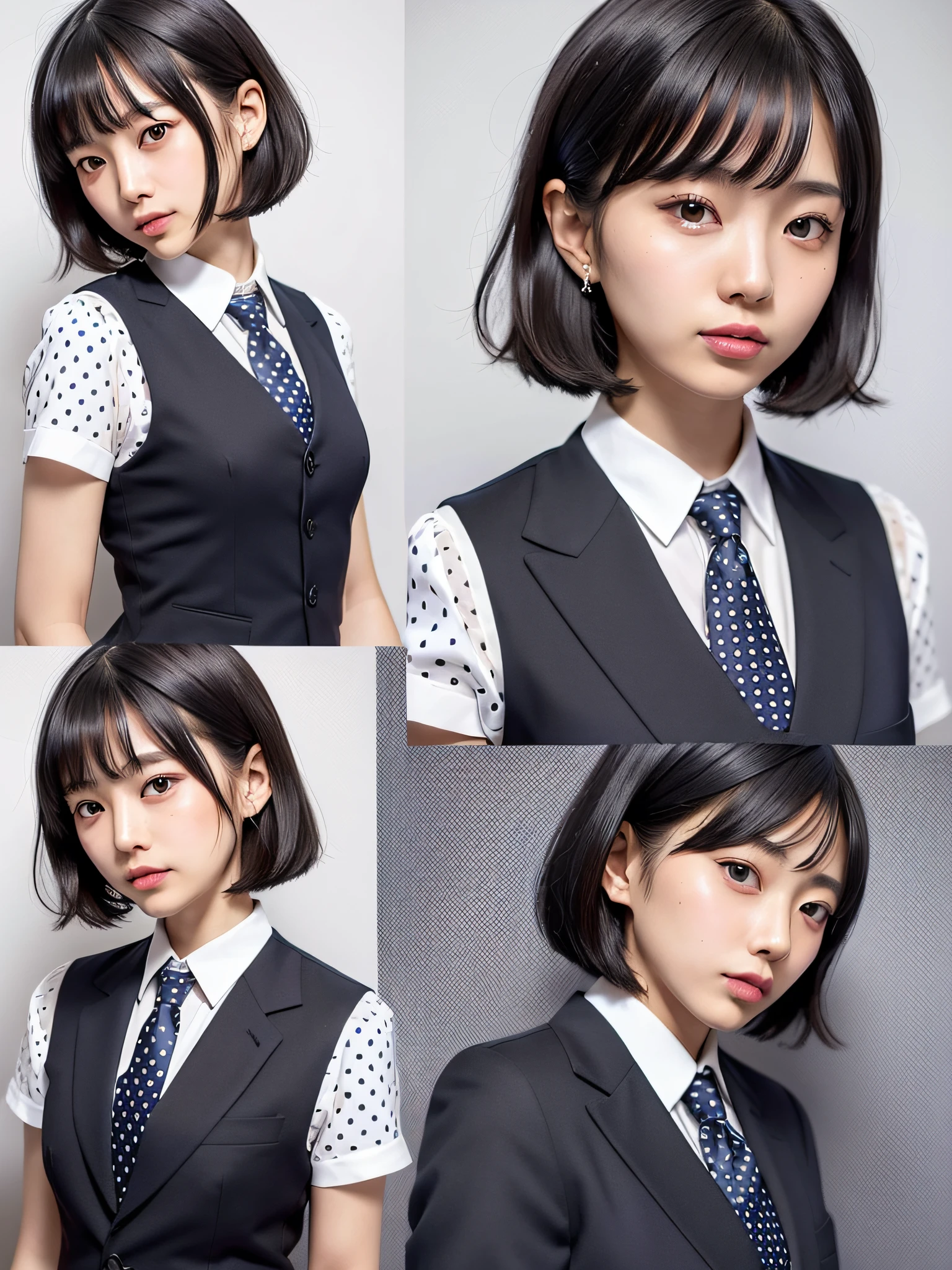 20-year-old Japan woman, straight black hair cut down to the shoulders, neat, intelligent, (small breasts), black suit, vest, (Wearing a small white polka dot tie on a navy blue background)))