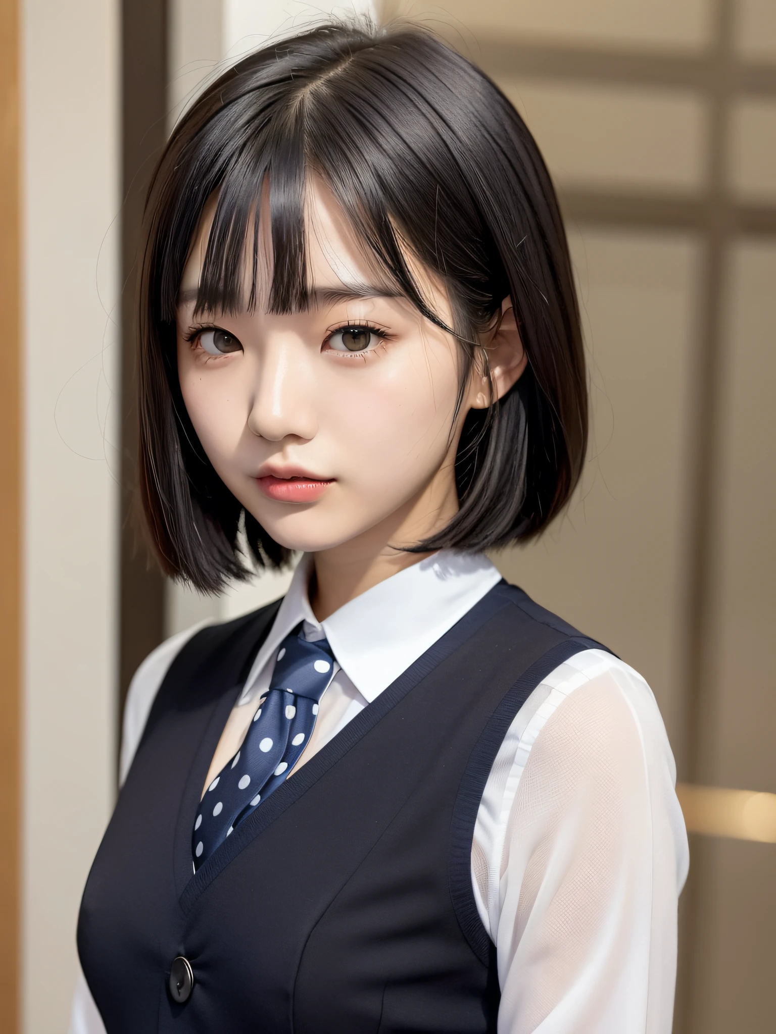 20-year-old Japan woman, straight black hair cut to the shoulders, neat, intelligent, (small breasts), black suit, vest, (Navy blue white white polka-dot tie))), ((Plain white shirt))