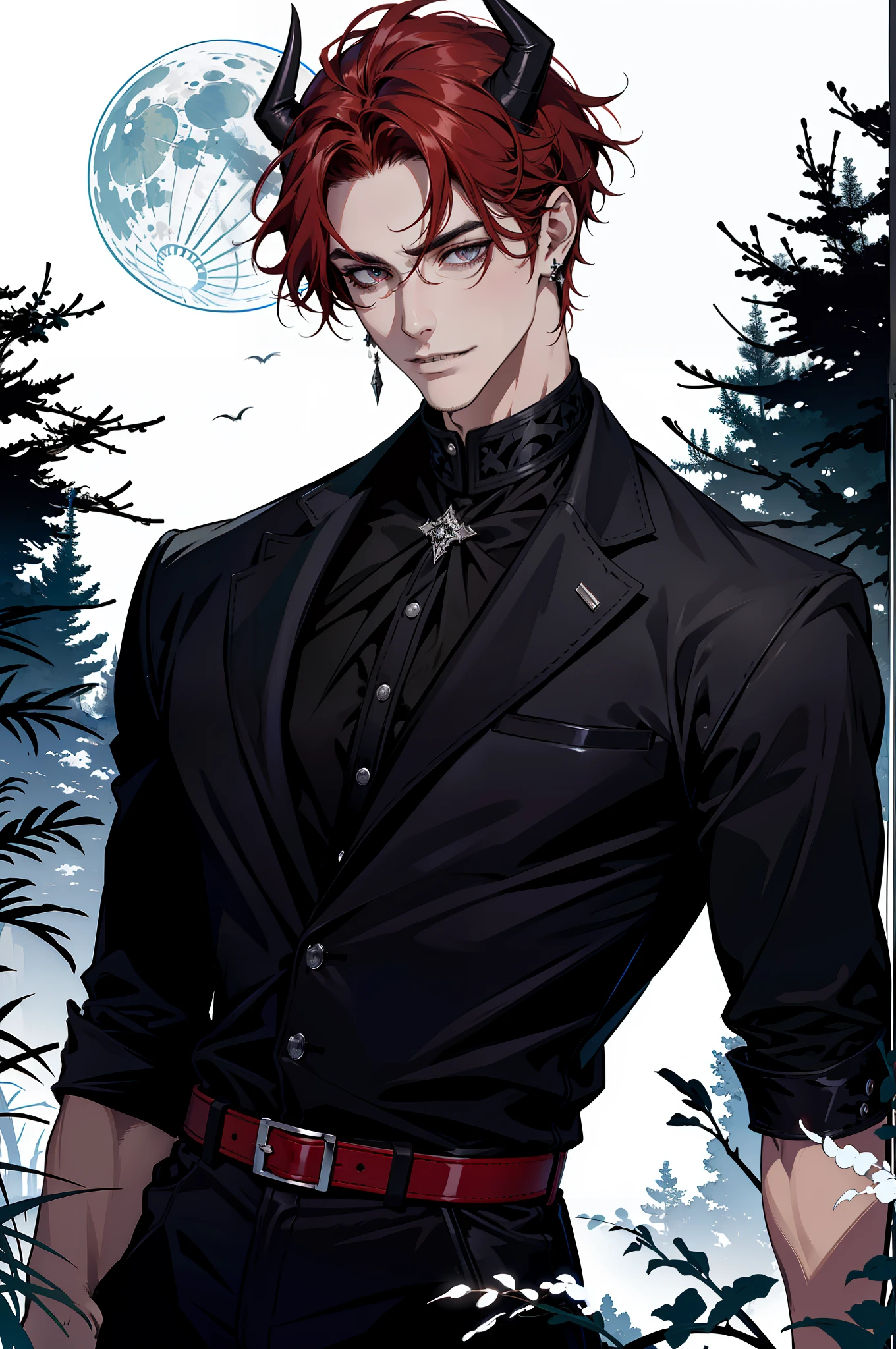 (absurdres, highres, ultra detailed), 1 male, adult, handsome, tall guy, broad shoulders, finely detailed eyes and detailed face, black leather clothes, night, smile, dutch angle, short red hair, moon, forest, black horns in his head, silver details, earrings, black chocker, gothic, dark, vampire, black pants, horns, ((black belt)), ((no jacket))