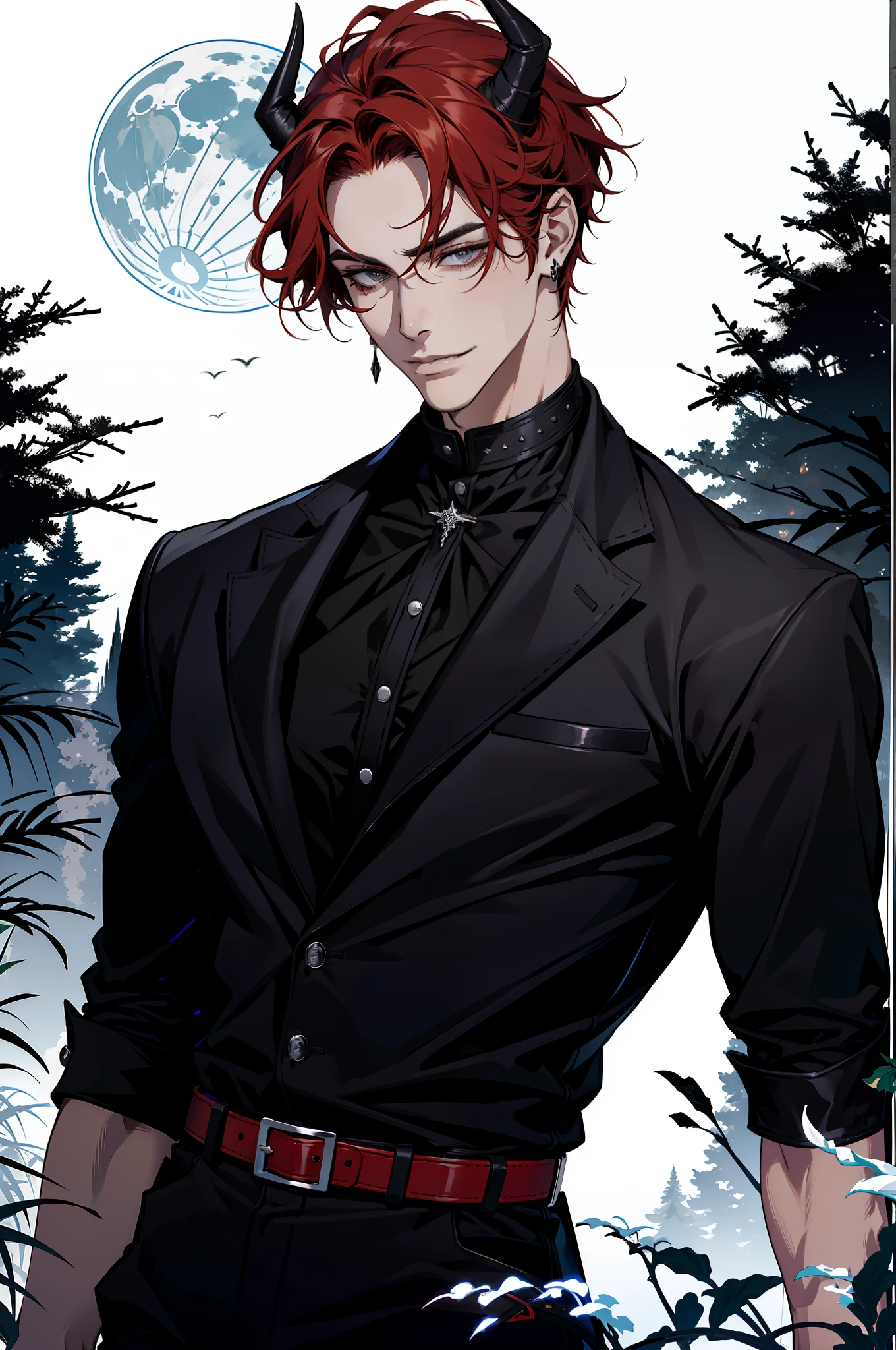 (absurdres, highres, ultra detailed), 1 male, adult, handsome, tall guy, broad shoulders, finely detailed eyes and detailed face, black leather clothes, night, smile, dutch angle, short red hair, moon, forest, black horns in his head, silver details, earrings, black chocker, gothic, dark, vampire, black pants, horns, ((black belt)), ((no jacket))