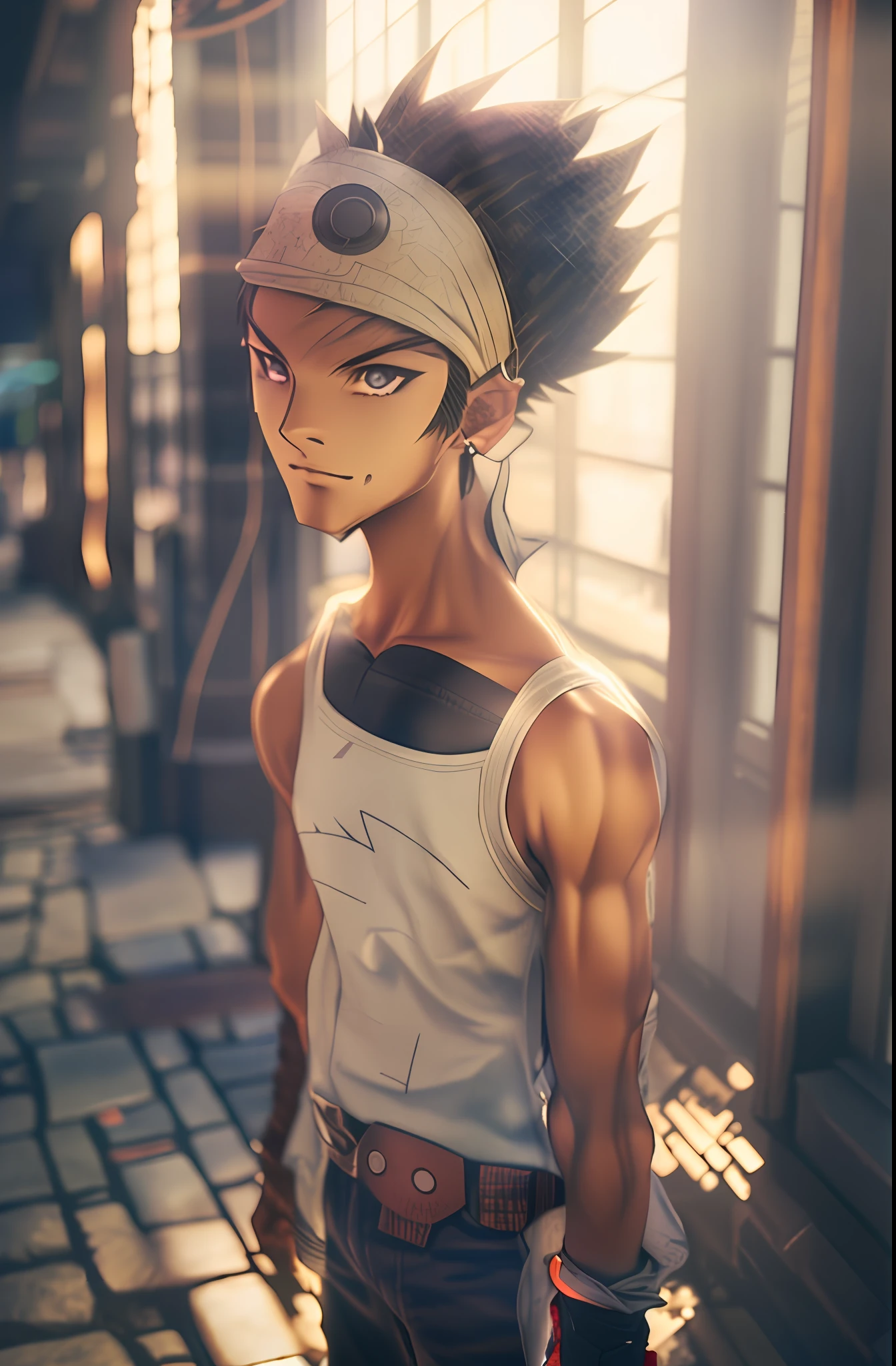 anime character with mohawk and glasses standing in a hallway, realistic anime 3 d style, photorealistic human goku, anime styled 3d, highly detailed character, anime highly detailed, 3 d anime realistic, high detail iconic character, yasuke 5 0 0 px models, hyper realistic anime, anime. soft lighting, detailed digital anime art, unreal engine render saint seiya
