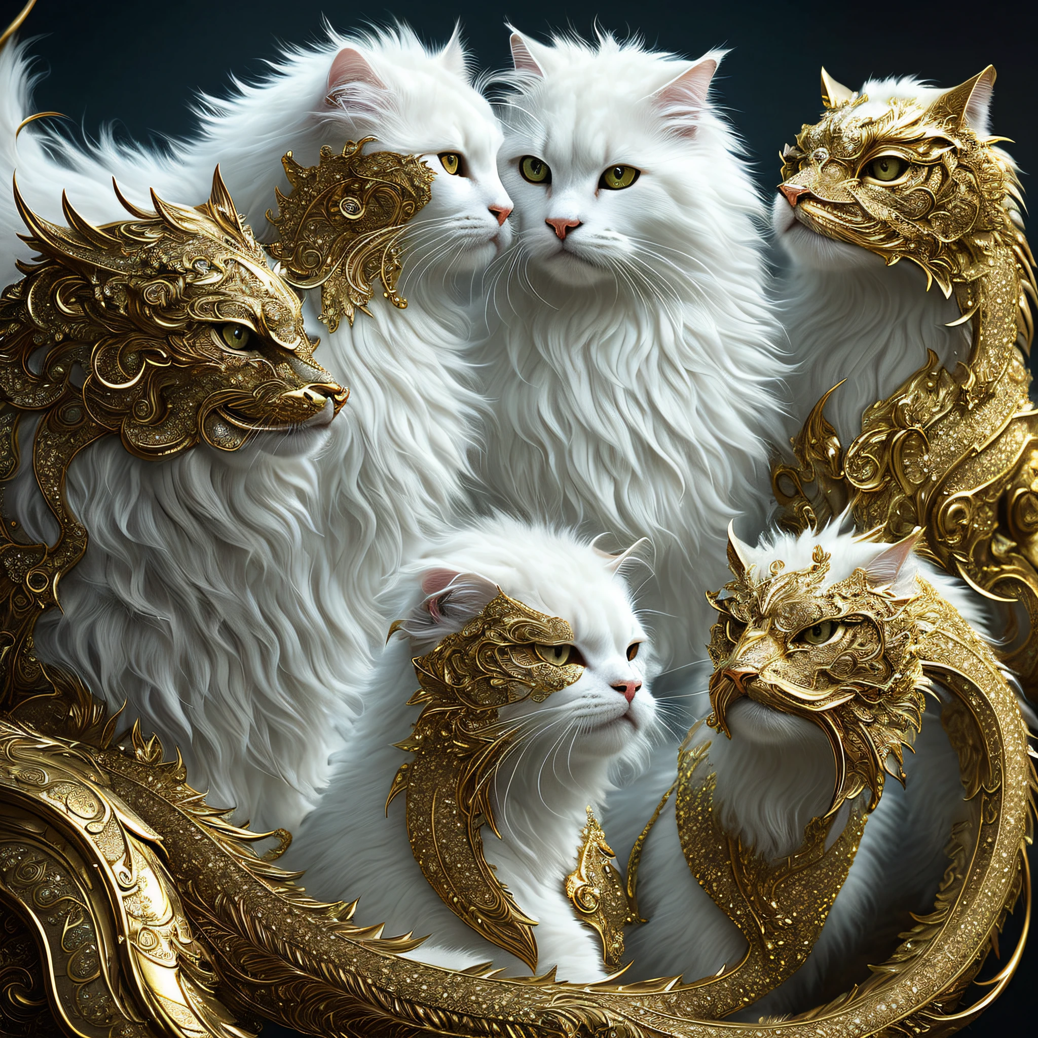 Large, fat, fluffy, white, long-haired Scottish cat, beside golden dragon with scaly skin sit in each other's arms and look at each other like lovers, concept art, complex, elegant, highly detailed digital painting, smooth, sharp focus, illustration, stunningly intricate detail, luminous filigree fantasy, digital art masterpiece, centred composition perfect composition, intricate pose, intricate, beautifully detailed insanely detailed octane rendering, 8k, art photography, photorealistic concept art, soft natural volumetric cinematic perfect light, award winning photography, masterpiece, oil on canvas, intricate, elegant, highly detailed digital artwork