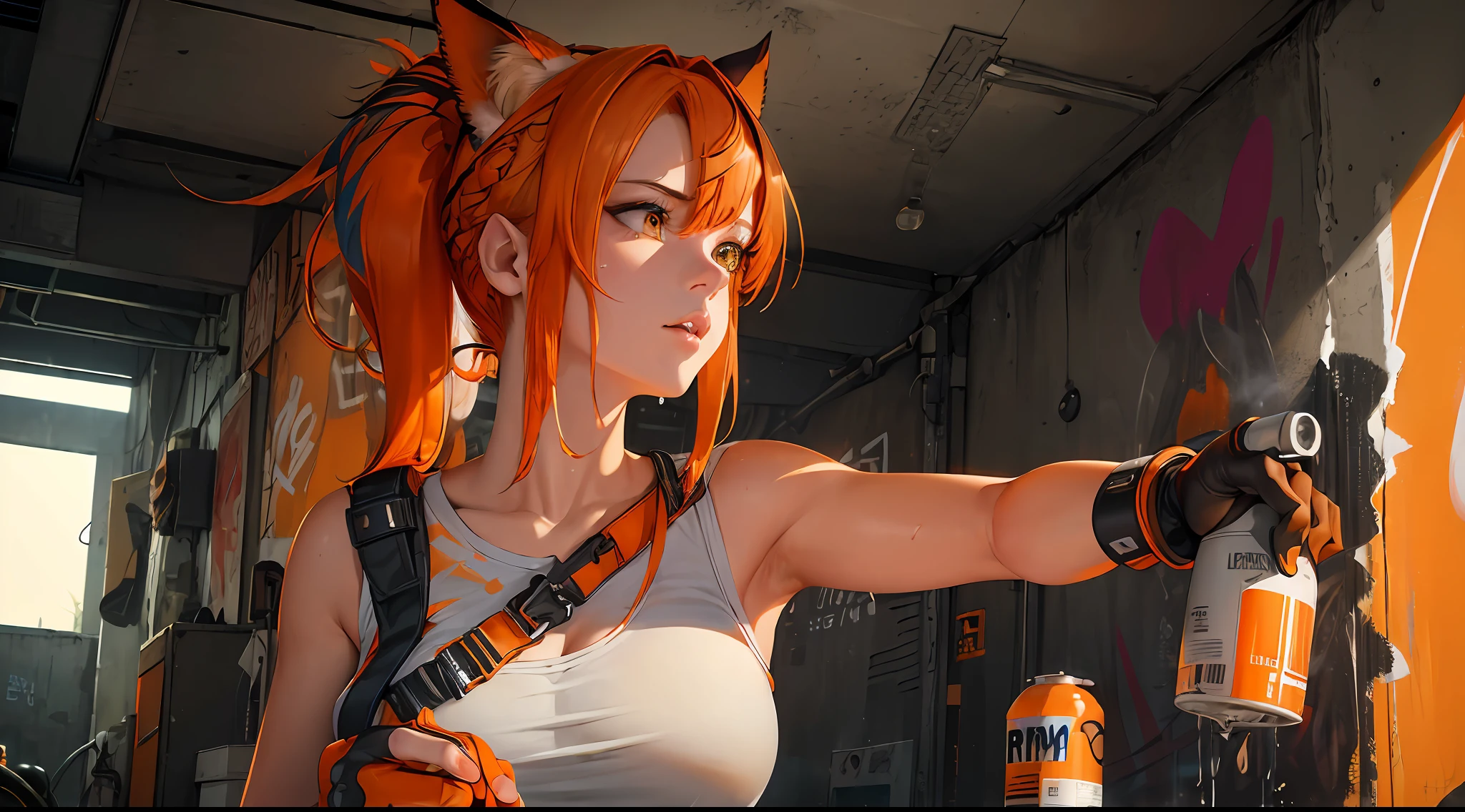 (Masterpiece: 1.2), best quality, (illustration: 1.2), (ultra-detailed), eye focus, (cinematic background), hyper details, (delicate detailed), (intricate details), octane render, hdr, (hyperdetailed: 1.15), (color)))), (soft light: 1.2), 1girl, (lynx ears: 1.3), (lynx girl), beautiful girl, ultra detailed eyes, mature, fat, thick, (bob cut: 1.5), (bright eyes: 1.2), (cinematic masterpiece), fierce, powerful, absolutely attractive splashes of color, (cinematic lighthouse), (realistic jump lighting: 1.2), ((caustic)), dynamic angle, beautiful detailed brightness, ambient occlusion, ambient light, raytraced reflections, (better lighting, an extremely delicate and beautiful light), ((cinematic light)), (soft: 2), (capricious:2) , intricate background, vibrant, dreamlike landscape, (graffiti painting:1.3), (painted urban landscape), (urban),(realistic urban fashion), (expressive:1.2), good shape, athletic, (mirrored world), (long black hair, fluid:1.1), wavy hair, voluminous (orange hair highlights), bright headphones, (graphite wall), unfinished graffiti, ghetto, (back wall present),(holding spraycan:1.3), (colored mist), buckles, belts, straps, a girl in front of a graffiti wall, cyberpunk art, (by LAM), Mika Pikazo, graffiti, black gloves, with buckle and duct tape, (orange hair:2), Glued orange pants, Anine pose, wet skin