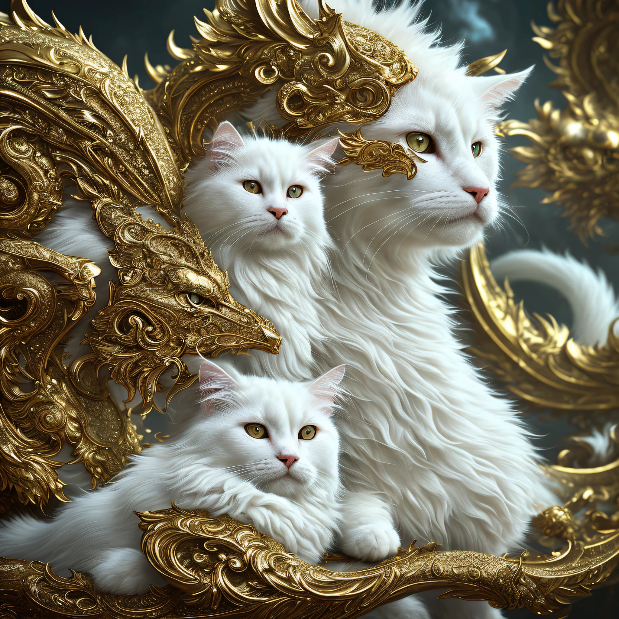 Large, fat, fluffy, white, long-haired Scottish cat, beside golden dragon with scaly skin sit in each other's arms and look at each other like lovers, concept art, complex, elegant, highly detailed digital painting, smooth, sharp focus, illustration, stunningly intricate detail, luminous filigree fantasy, digital art masterpiece, centred composition perfect composition, intricate pose, intricate, beautifully detailed insanely detailed octane rendering, 8k, art photography, photorealistic concept art, soft natural volumetric cinematic perfect light, award winning photography, masterpiece, oil on canvas, intricate, elegant, highly detailed digital artwork