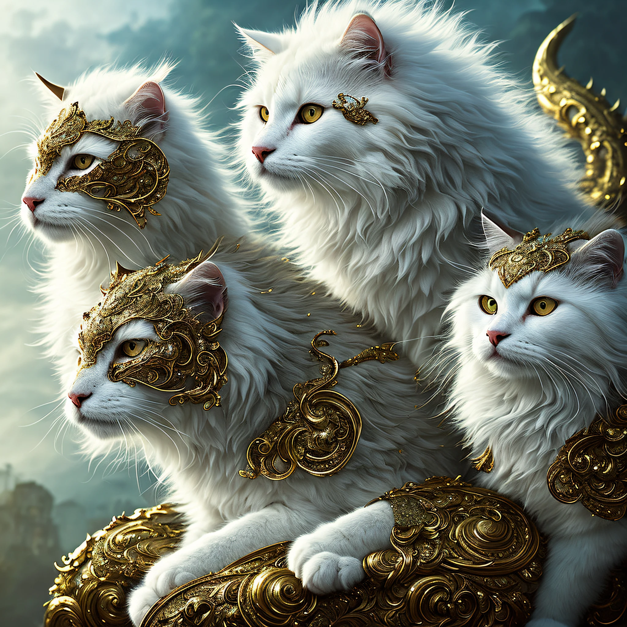 Large, fat, fluffy, white, long-haired Scottish cat, beside golden dragon with scaly skin sit in each other's arms and look at each other like lovers, concept art, complex, elegant, highly detailed digital painting, smooth, sharp focus, illustration, stunningly intricate detail, luminous filigree fantasy, digital art masterpiece, centred composition perfect composition, intricate pose, intricate, beautifully detailed insanely detailed octane rendering, 8k, art photography, photorealistic concept art, soft natural volumetric cinematic perfect light, award winning photography, masterpiece, oil on canvas, intricate, elegant, highly detailed digital artwork