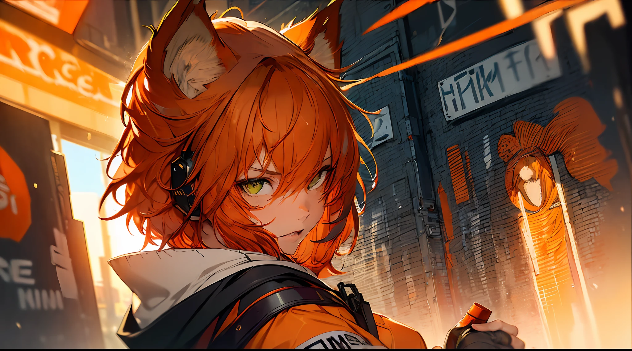 (Masterpiece: 1.2), best quality, (illustration: 1.2), (ultra-detailed), eye focus, (cinematic background), hyper details, (delicate detailed), (intricate details), octane render, hdr, (hyperdetailed: 1.15), (color)))), (soft light: 1.2), 1girl, (lynx ears: 1.3), (lynx girl), beautiful girl, ultra detailed eyes, mature, fat, thick, (bob cut: 1.5), (bright eyes: 1.2), (cinematic masterpiece), fierce, powerful, absolutely attractive splashes of color,  (cinematic lighthouse), (realistic jump lighting: 1.2), ((caustic)), dynamic angle, beautiful detailed brightness, ambient occlusion, ambient light, raytraced reflections, (better lighting, an extremely delicate and beautiful light), ((cinematic light)), (soft: 2), (capricious:2) , intricate background, vibrant, dreamlike landscape, (graffiti painting:1.3), (painted urban landscape), (urban),(realistic urban fashion), (expressive:1.2), good shape, athletic, (mirrored world), (long black hair,  fluid:1.1), wavy hair, voluminous (orange hair highlights), bright headphones, (graphite wall), unfinished graffiti, ghetto, (back wall present),(holding spraycan:1.3), (colored mist), buckles, belts, straps, a girl in front of a graffiti wall, cyberpunk art, (by LAM), Mika Pikazo, graffiti, black gloves, with buckle and duct tape, (orange hair:2),  Glued orange pants, Anine pose, wet skin