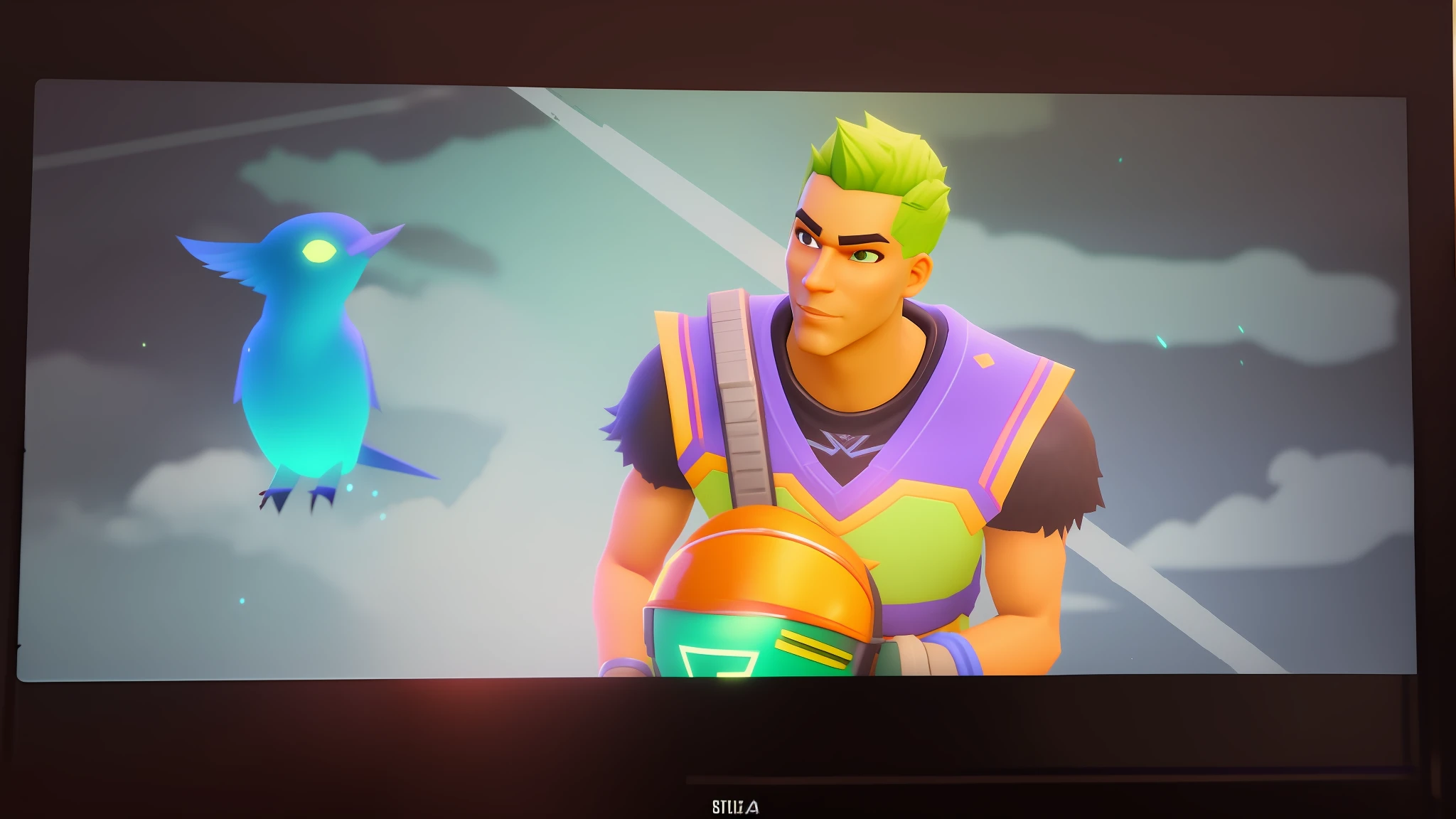 arafed image of a man with a green hair and a blue bird, jayson tatum as guerilla heroica, as a fortnite character, 8k no blur, low quality footage, in game style 8k, very very low quality picture, low quality grainy, low quality sharpened graphics, low quality video, he has a glow coming from him --auto --s2