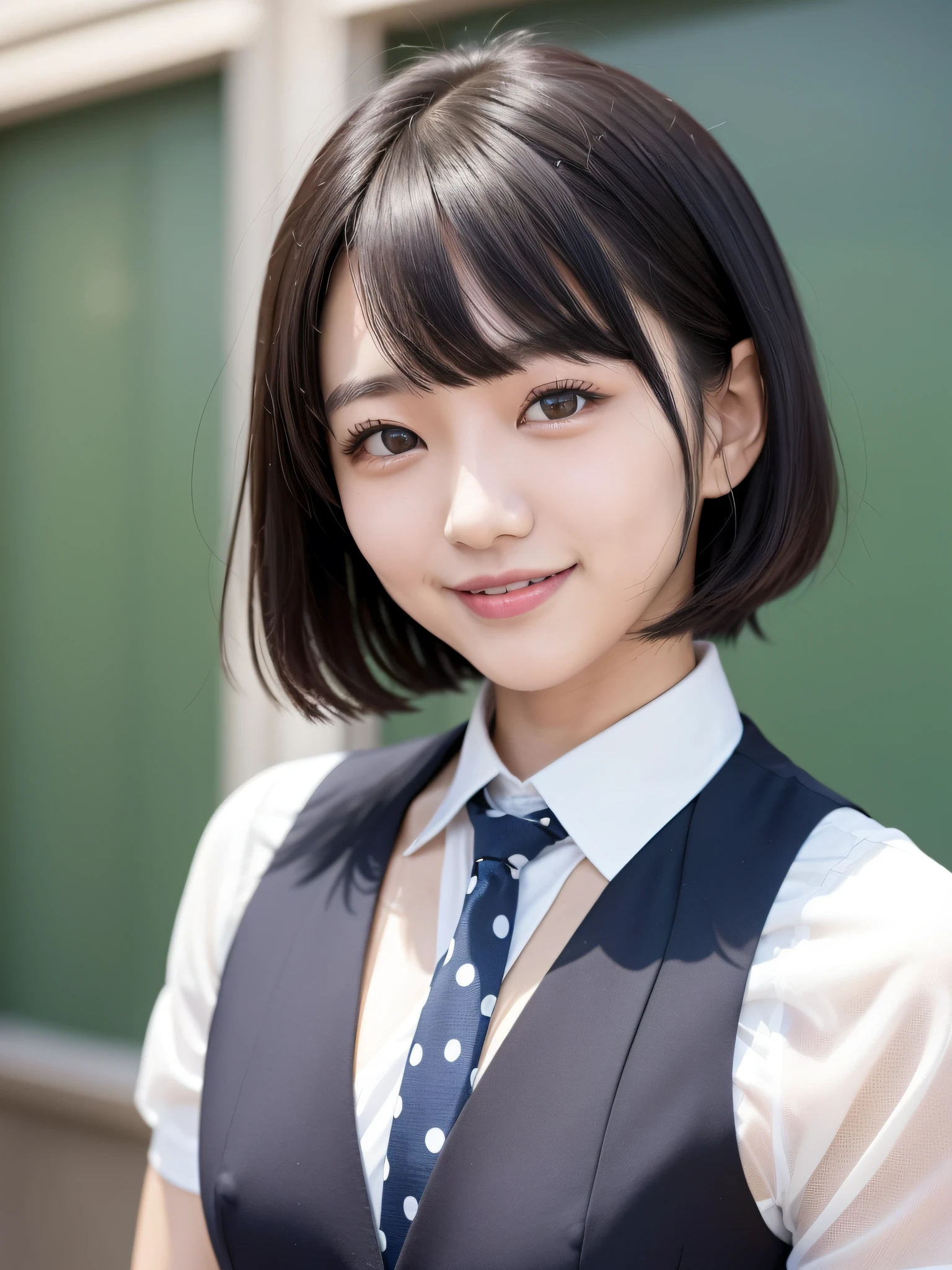 Japan woman of 20 years old, straight black hair cut to the shoulders, smiling with teeth, neat, intelligent, (small breasts), black suit, vest, (dark blue with small polka dot tie))), (plain white shirt)),