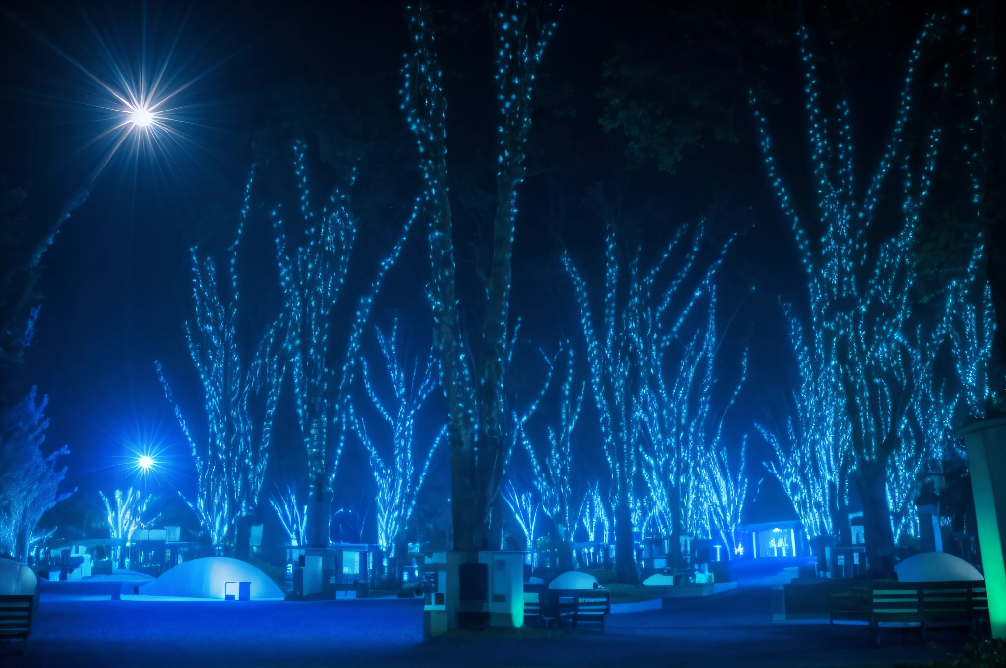 trees with blue lights in a city park at night, beautiful blue lights, city lights made of lush trees, lush tress made of city lights, blue trees, neon lights lots of trees, led lights around the place, blue lights, with glowing lights at night, with glowing blue lights, dramatic white and blue lighting, many glowing lights, city led lights, beautiful illumination