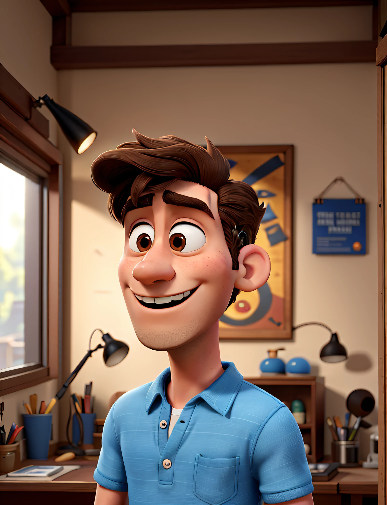 (Pixar 1.23 style) 1 Young man ((upper body front, bust shot)), solo, antic man, brunette, short sports hairstyle, angry face, handsome Korean, casual attire, indoor, ((masterpiece, highest quality)), (composite lighting)