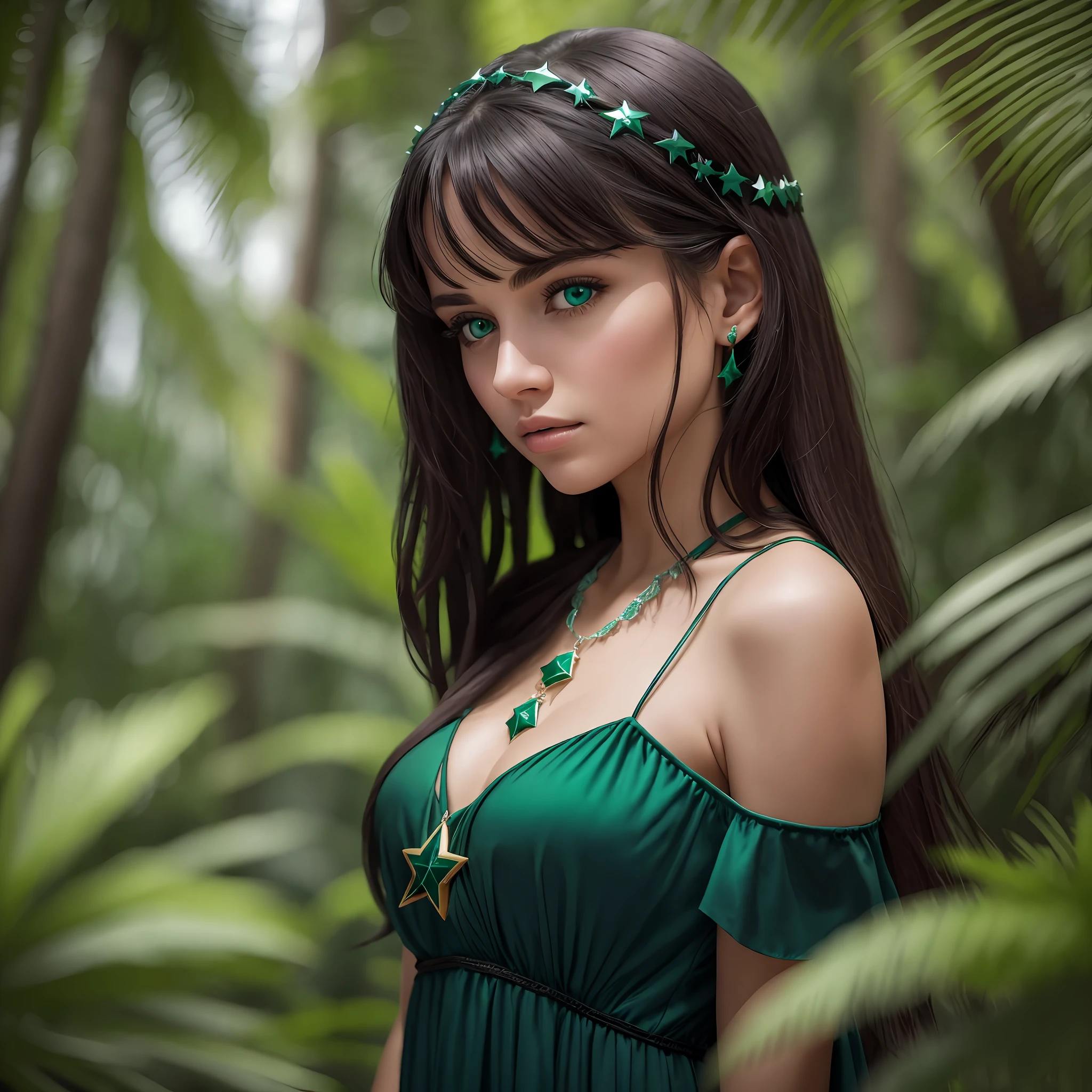 Young white American woman with dark green eyes, wearing a star-shaped emerald necklace, dark brown hair, long black dress. Detail: dark forest in blue tone with coconut trees. 4k, hyporealistic, best picture. --auto --s2