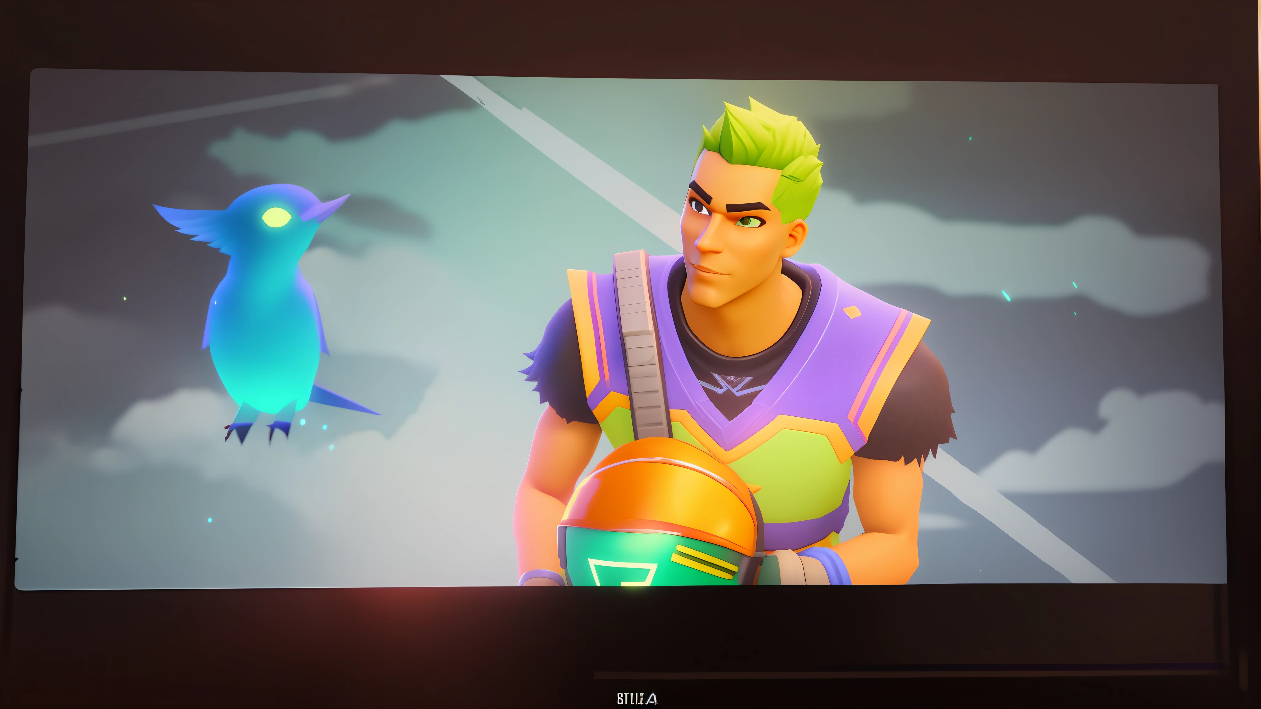arafed image of a man with a green hair and a blue bird, jayson tatum as guerilla heroica, as a fortnite character, 8k no blur, low quality footage, in game style 8k, very very low quality picture, low quality grainy, low quality sharpened graphics, low quality video, he has a glow coming from him --auto --s2