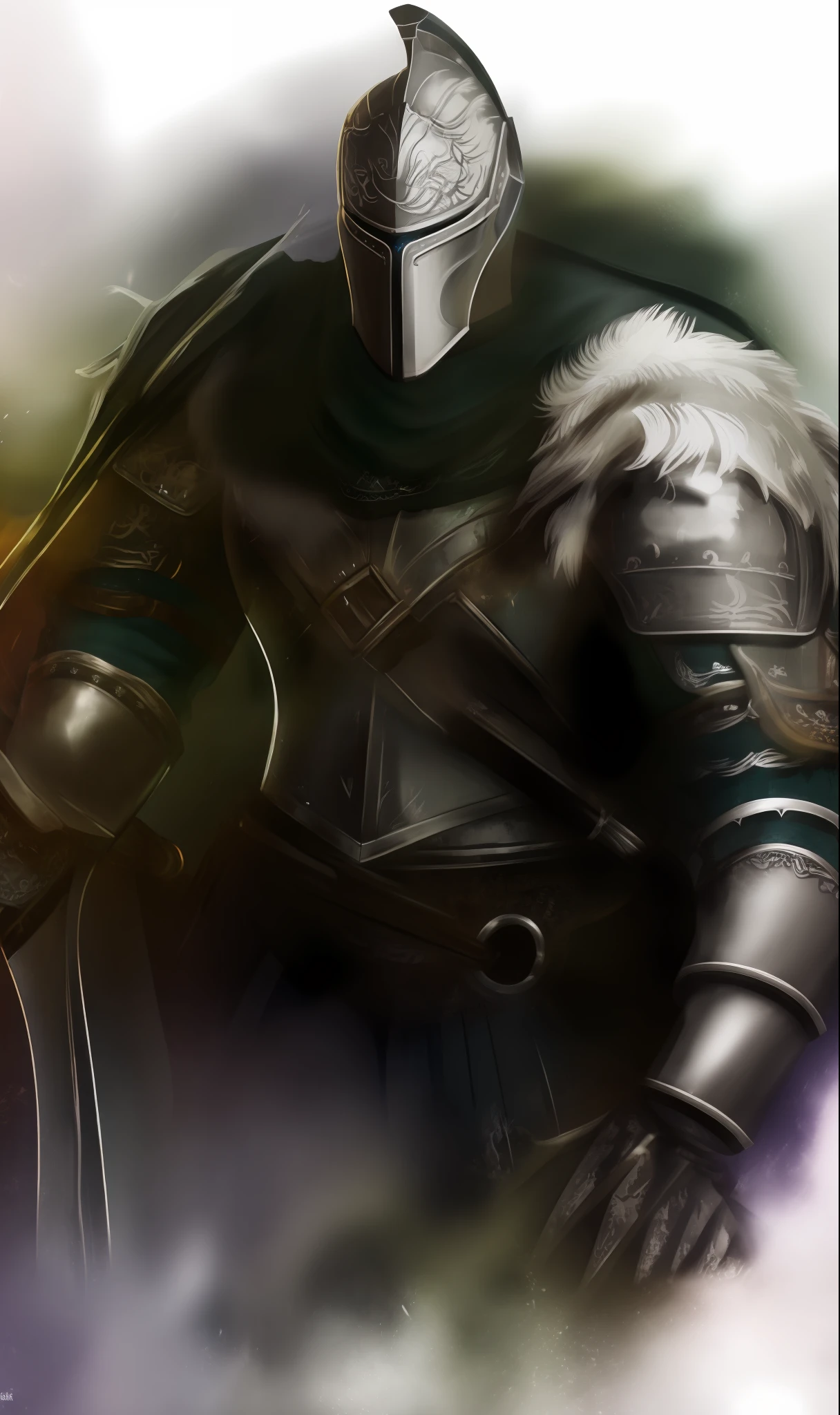 portrait of DS2Faraam,headshot,looking at viewer ,dramatic ,wearing an iron armor,dark blue legs, background dark forest,dark fantasy,gothic atmosphere,illustration, extremely detailed ,8k, rainy, reflections,ray traycing,deviant art,symetrical helmet