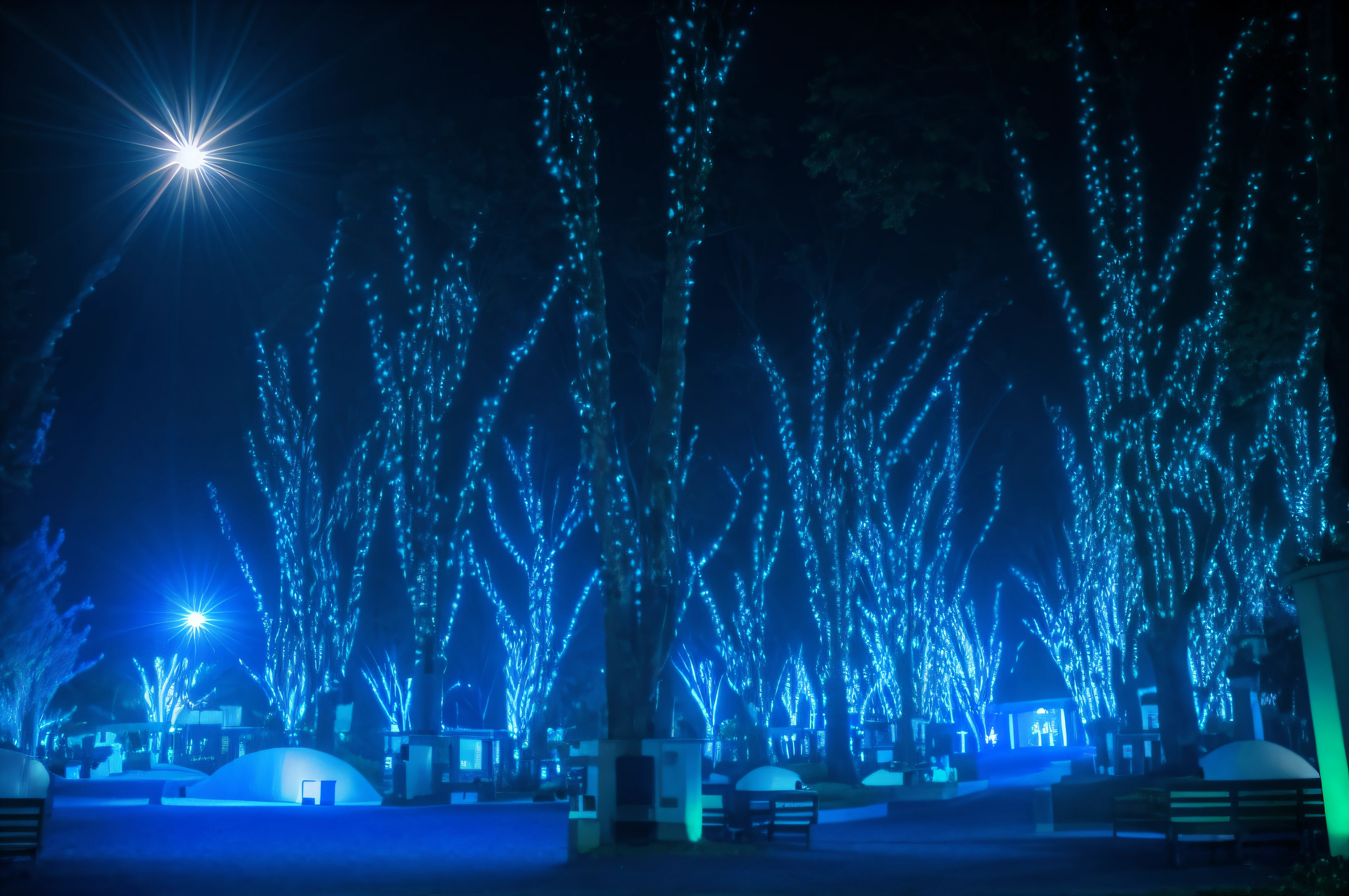 trees with blue lights in a city park at night, beautiful blue lights, city lights made of lush trees, lush tress made of city lights, blue trees, neon lights lots of trees, led lights around the place, blue lights, with glowing lights at night, with glowing blue lights, dramatic white and blue lighting, many glowing lights, city led lights, beautiful illumination