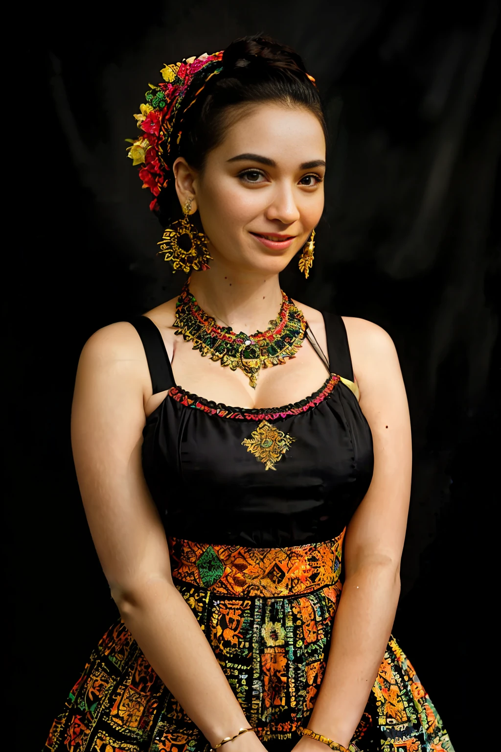 Christina Hendricks smiling black background, Aztec, beautiful maid woman, portrait photo, rubi, vannessa ives, prima ballerina hairstyle, wearing ornate earrings, wearing a colorful, beauty, batik, doja cat