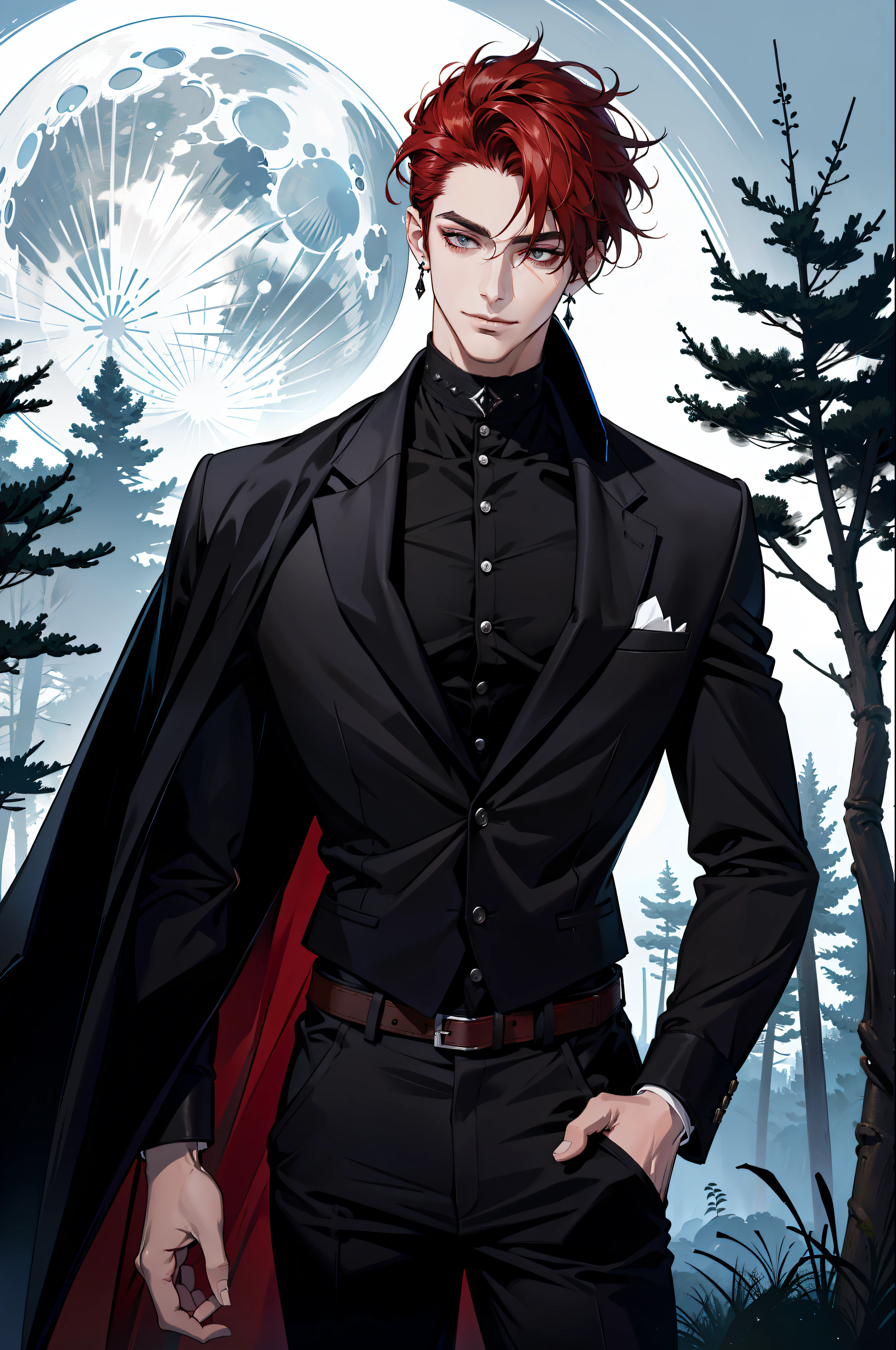 (absurdres, highres, ultra detailed), 1 male, adult, handsome, tall guy, broad shoulders, finely detailed eyes and detailed face, black leather clothes, night, smile, dutch angle, short red hair, moon, forest, black horns in his head, earrings, black chocker, gothic, dark, vampire, black pants, horns, black belt, no jacket,